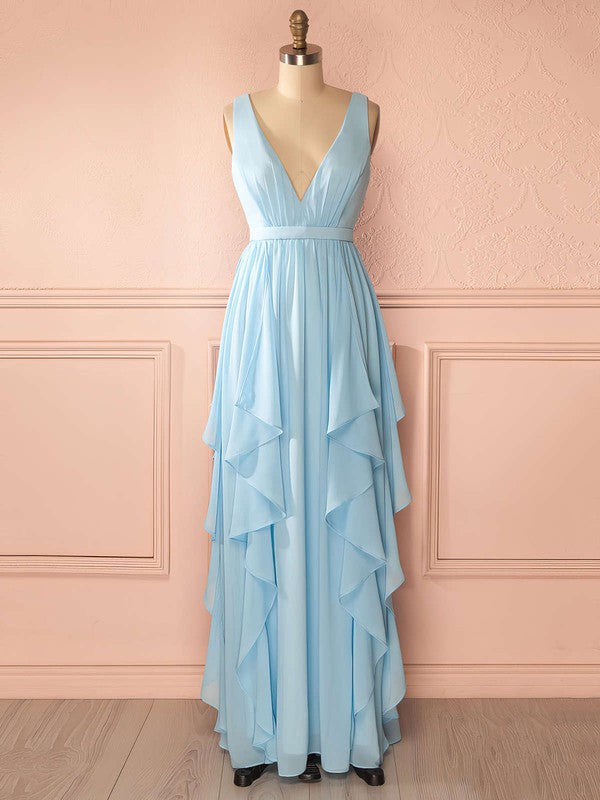 Beautiful A-Line V-Neck Chiffon Floor-Length Bridesmaid Dresses with Sash