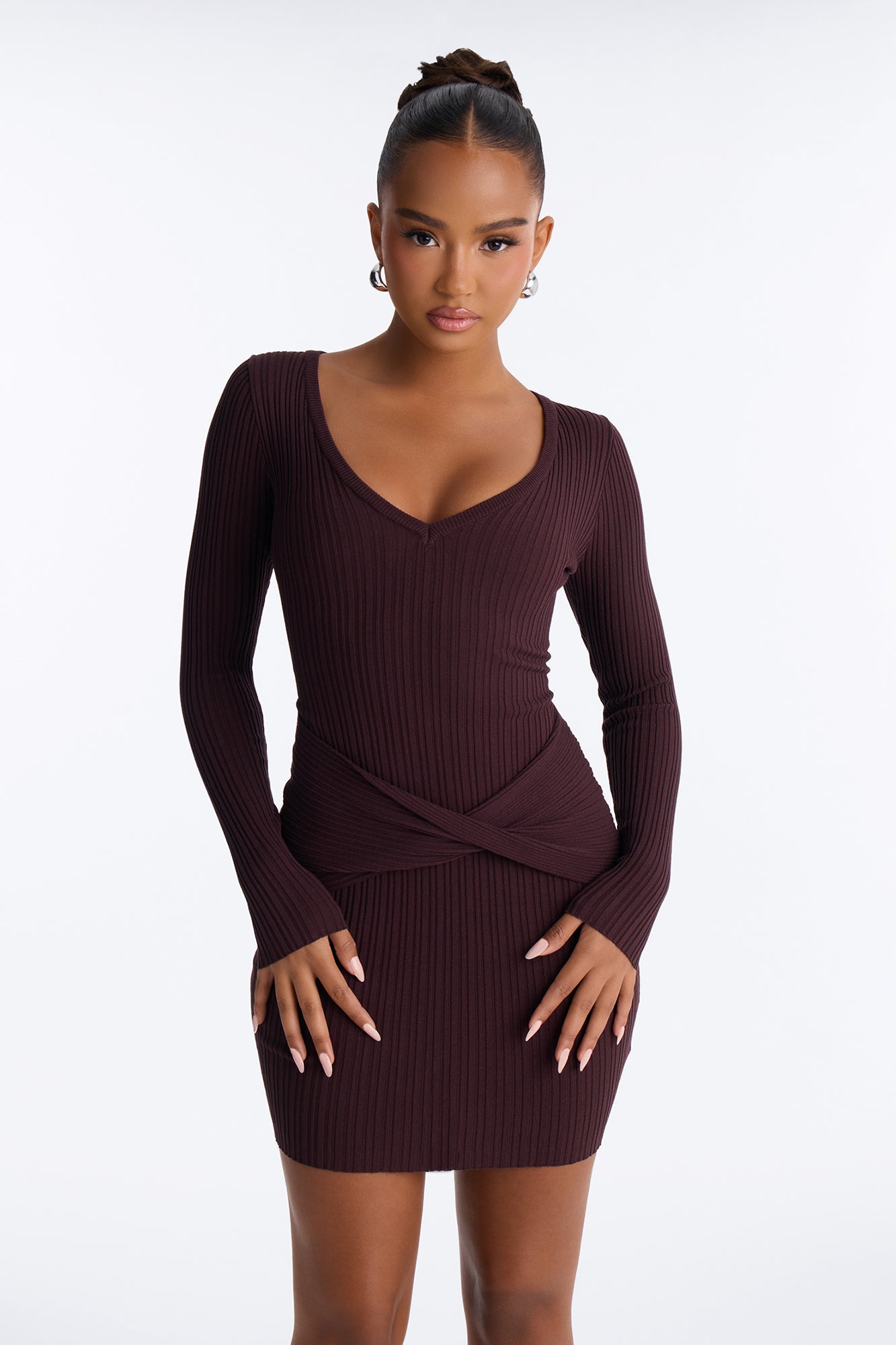 It's Giving Chic Twist Front Sweater Mini Dress - Chocolate