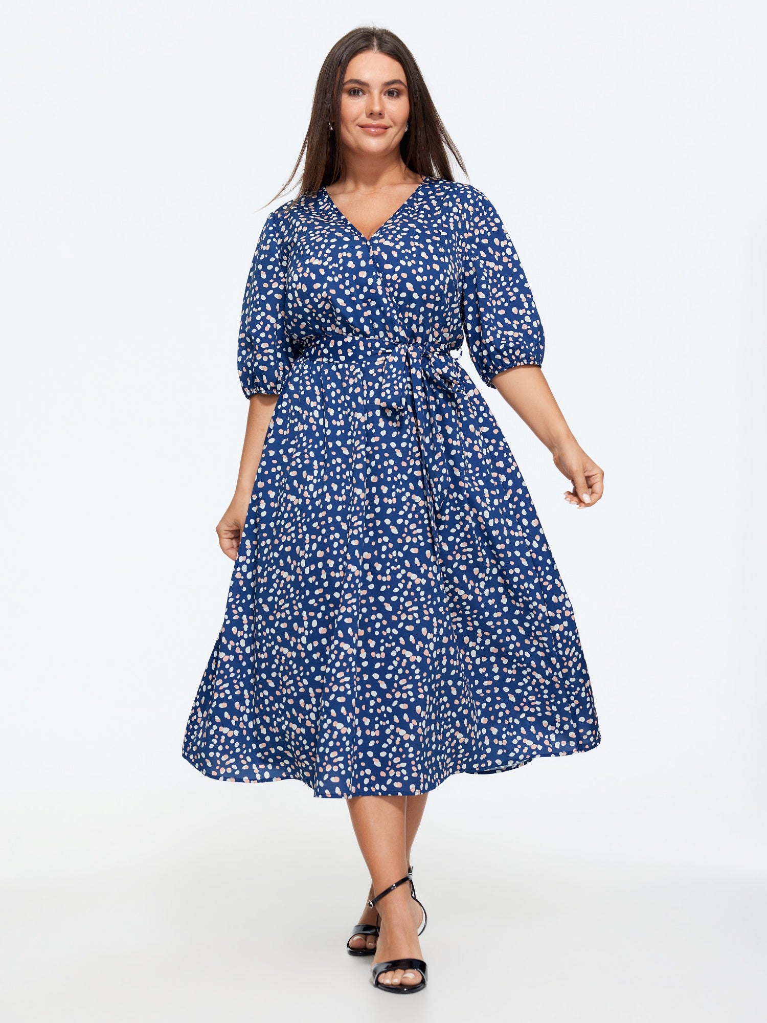 Spot Print Waist Tie Midi Dress