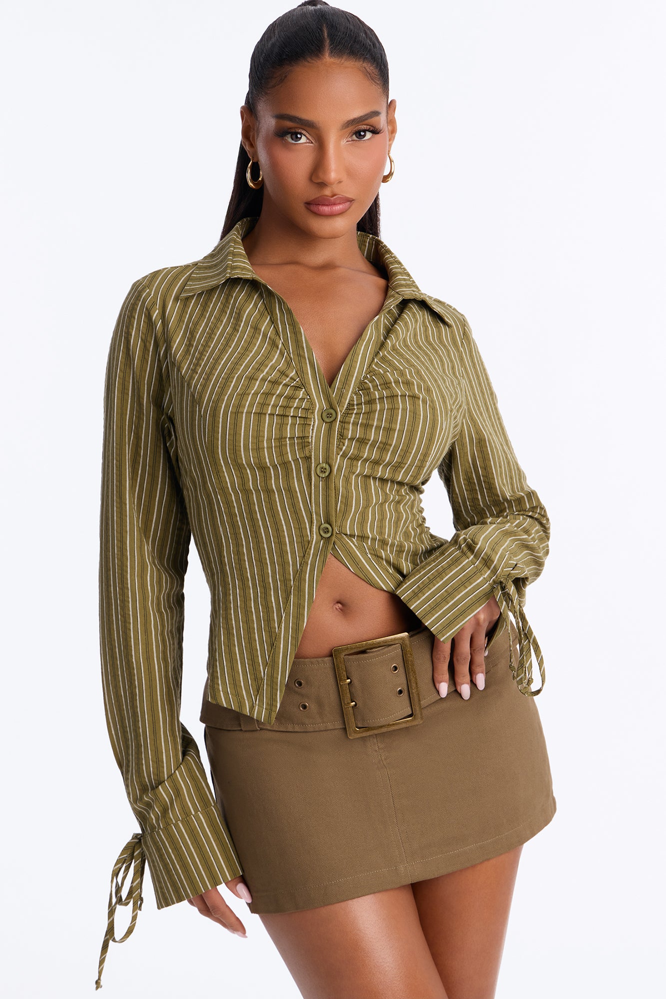 Mia Striped Button Up Shirt - Olive/combo