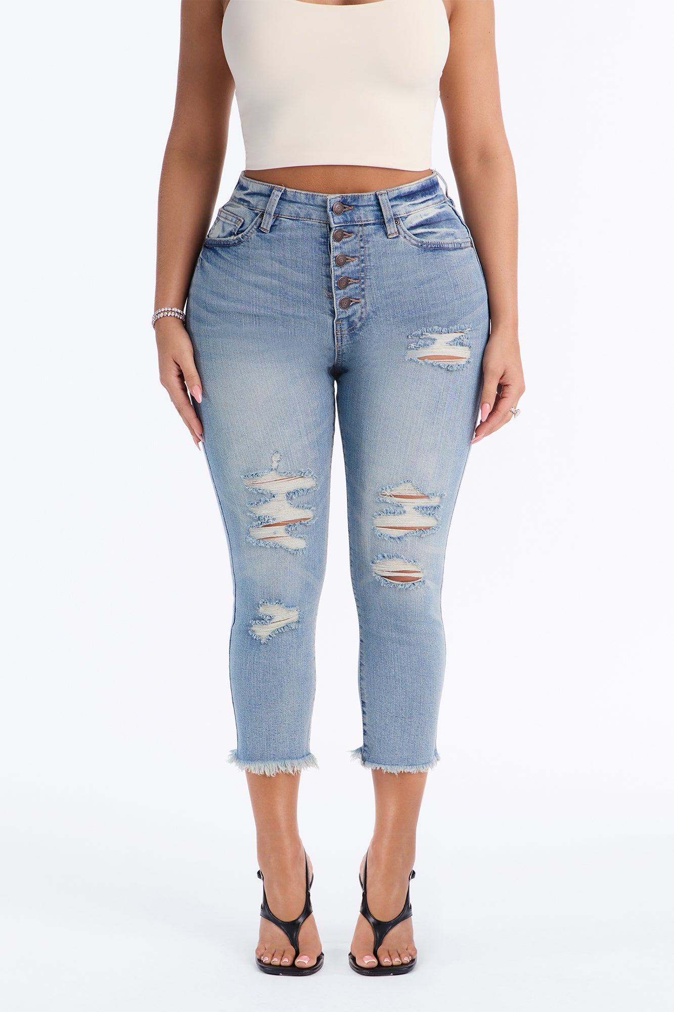 Last Chance High Rise Buttonfly Ripped Skinny Capri Jeans - Vintage Wash
