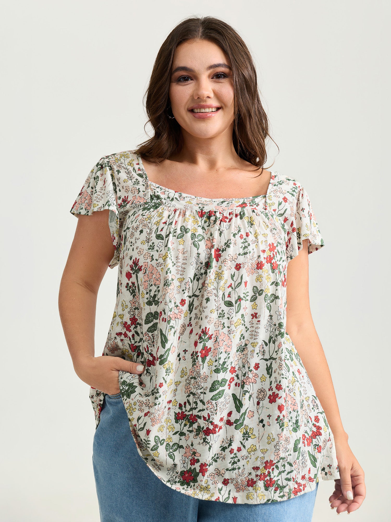 Pure Cotton Floral Print Square Neck Top