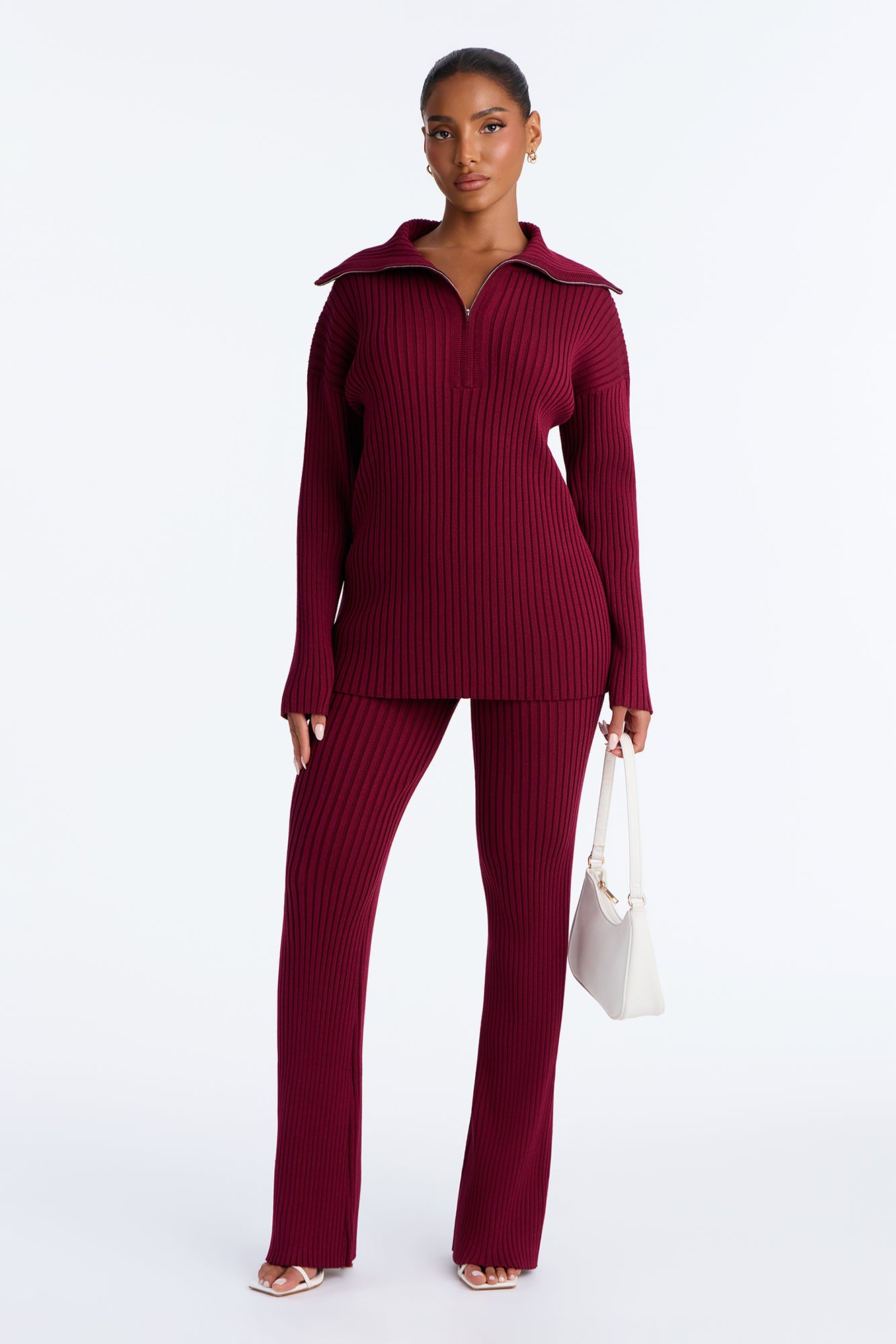 Elle Quarter Zip Sweater Pant Set - Burgundy