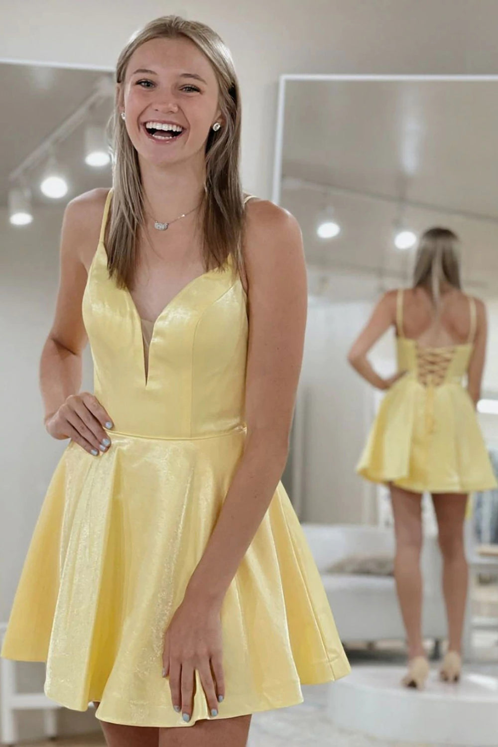 Classic A Line Spaghetti Straps Yellow Homecoming Dress/Mini Dress with Criss Cross