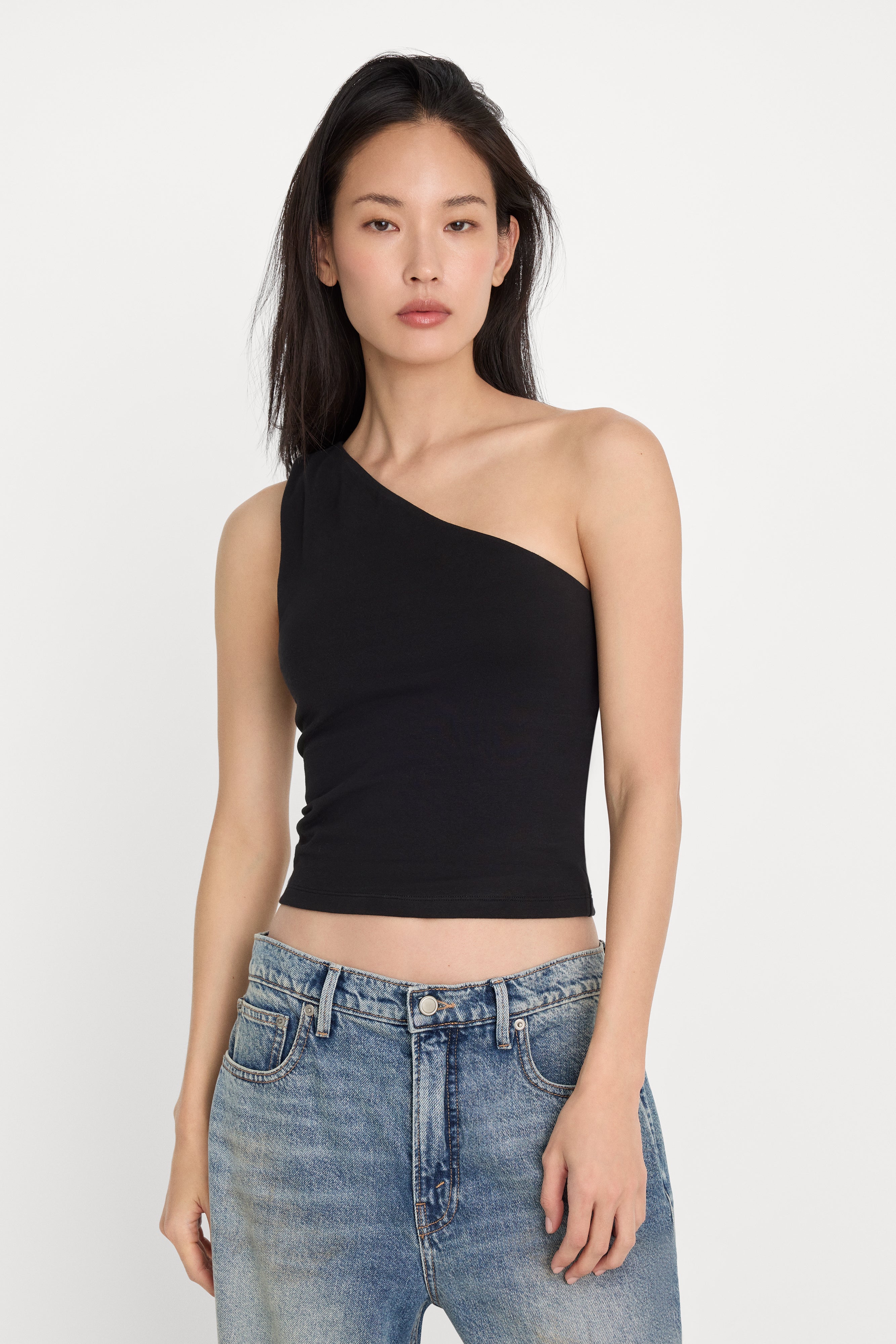 SUPER STRETCH ONE SHOULDER TANK | BLACK001
