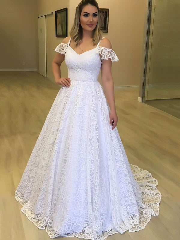 Trendy Sweep Train Off-The-Shoulder V-Neck Lace Sweep Train Wedding Dresses