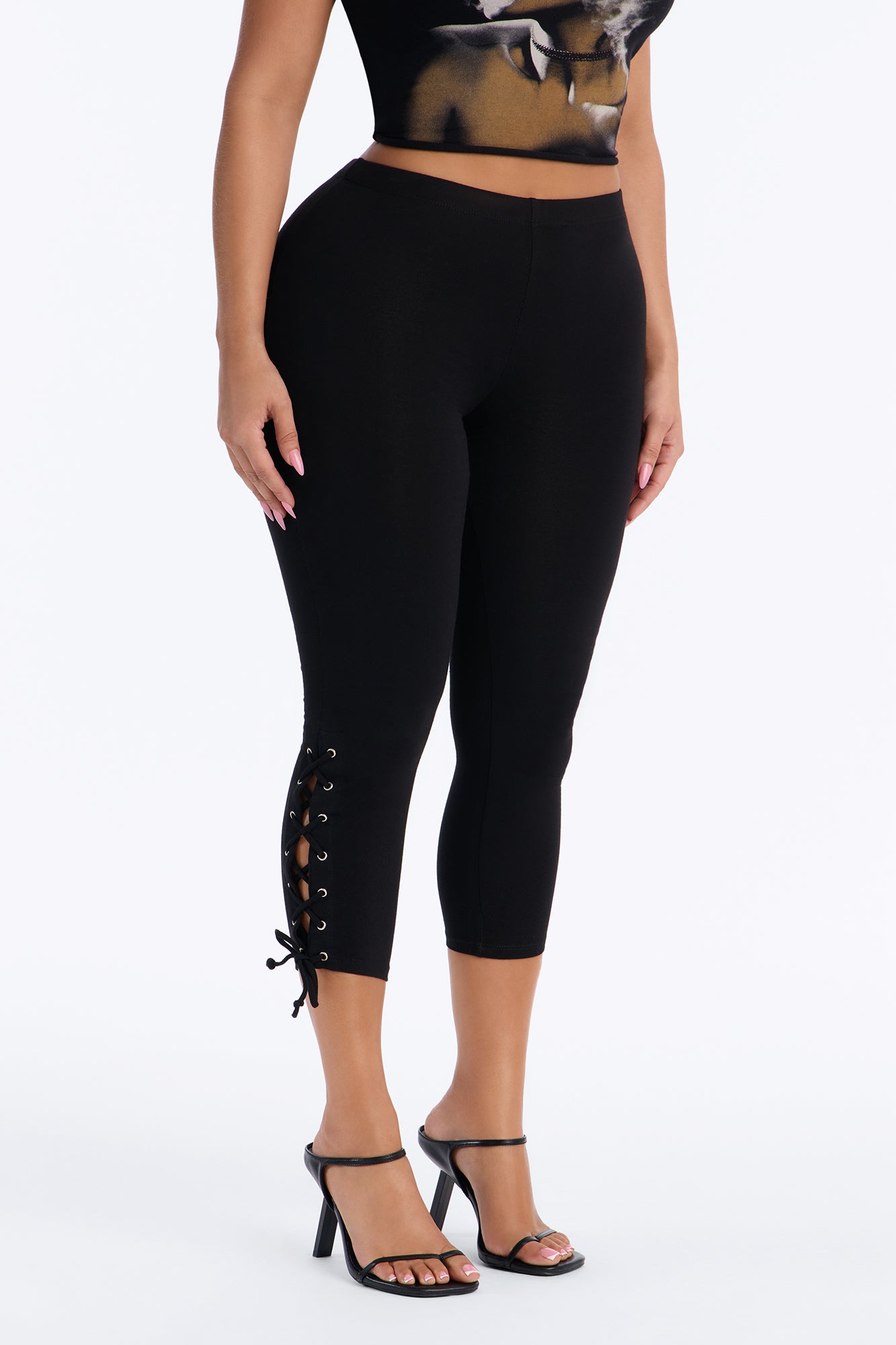 Karlie Low Rise Lace Up Capri Legging - Black