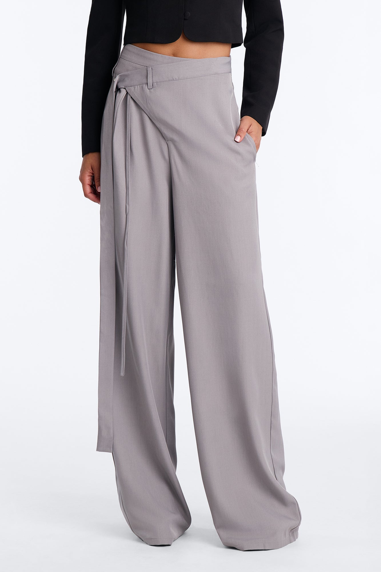 Tall Center of Attention Asymmetrical Waist Wide Leg Trousers - Grey