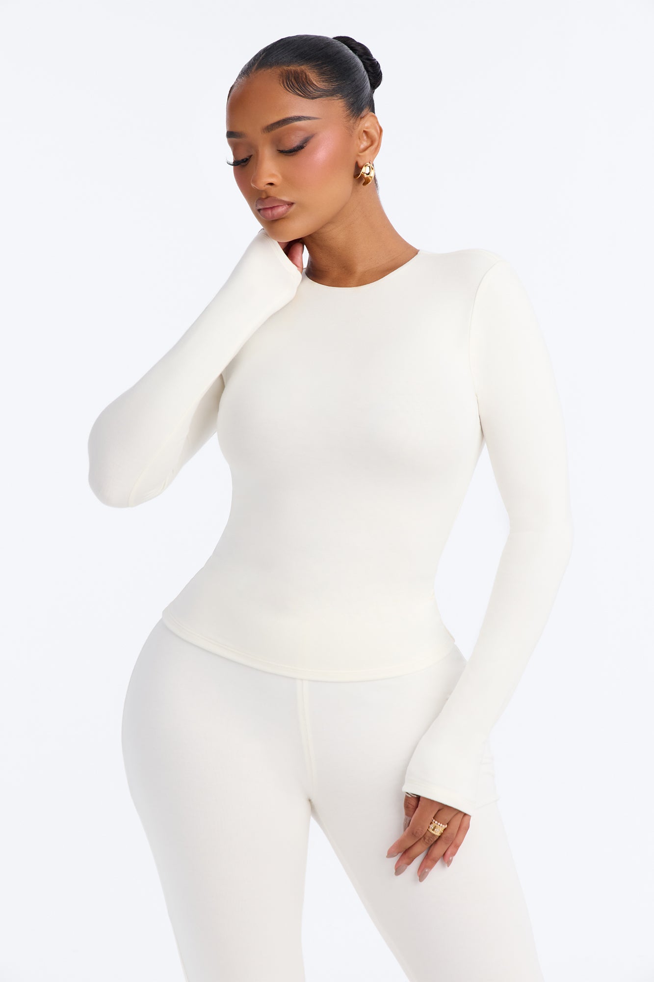 Carrie Premium Modal Crew Neck Long Sleeve Top - Cream