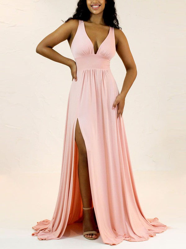 Charming A-Line V-Neck Straps Split Front Bridesmaid Dresses with Sweep Train