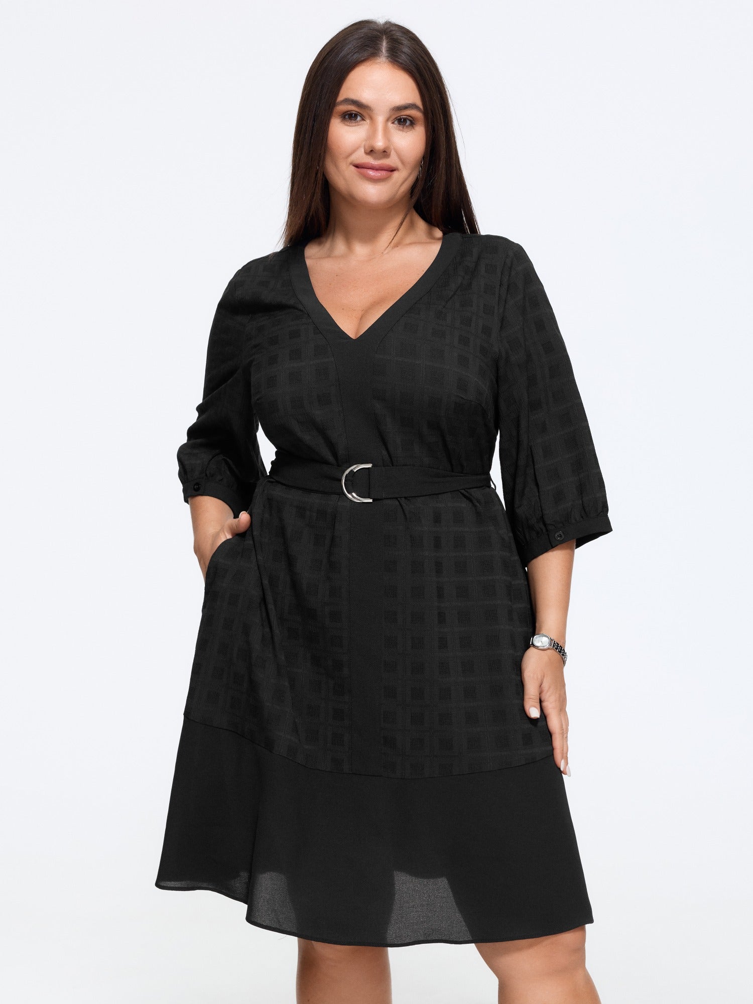 Textured V-Neck Belted Patchwork Mini Dress