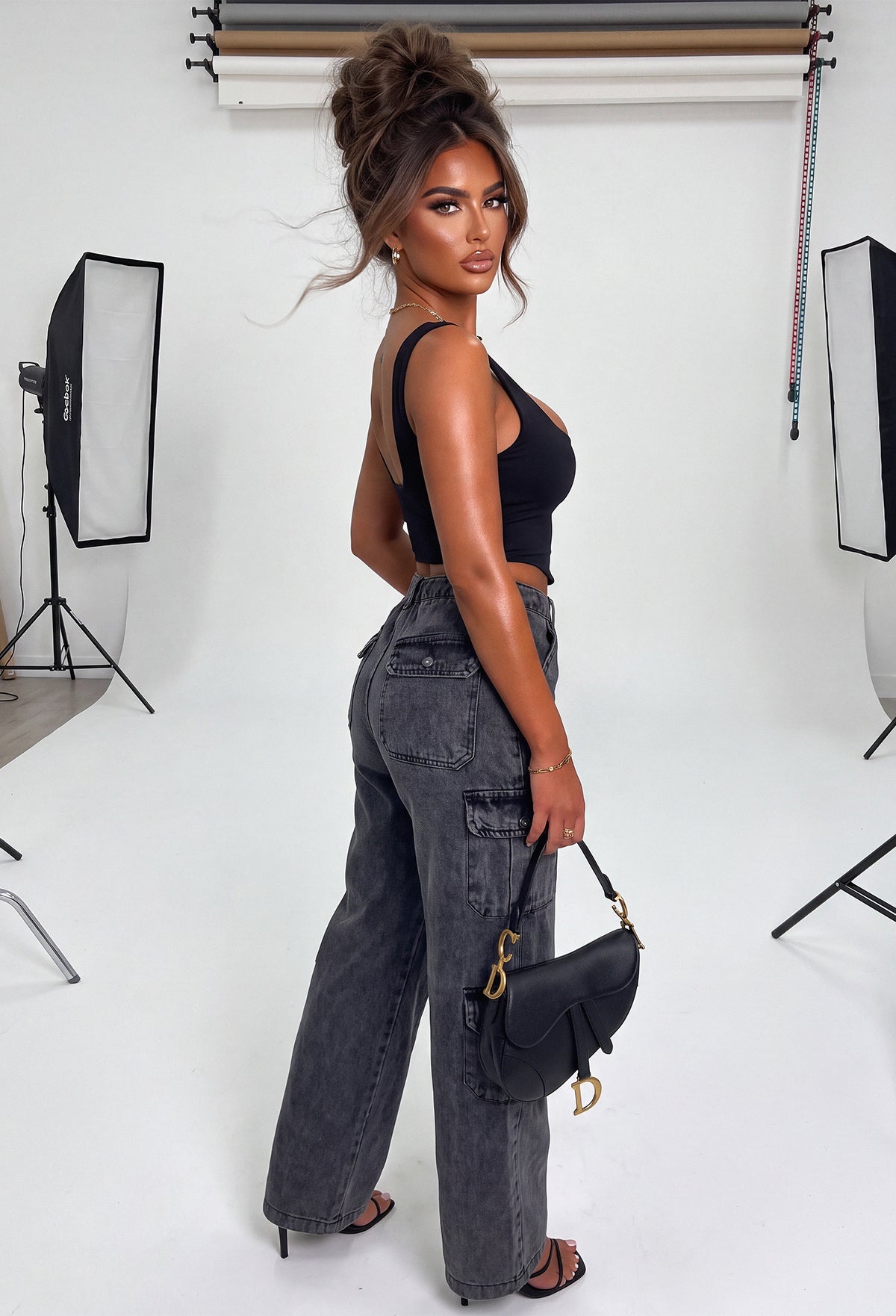 Denim Revolution Black Cargo Denim Wide Leg Jeans