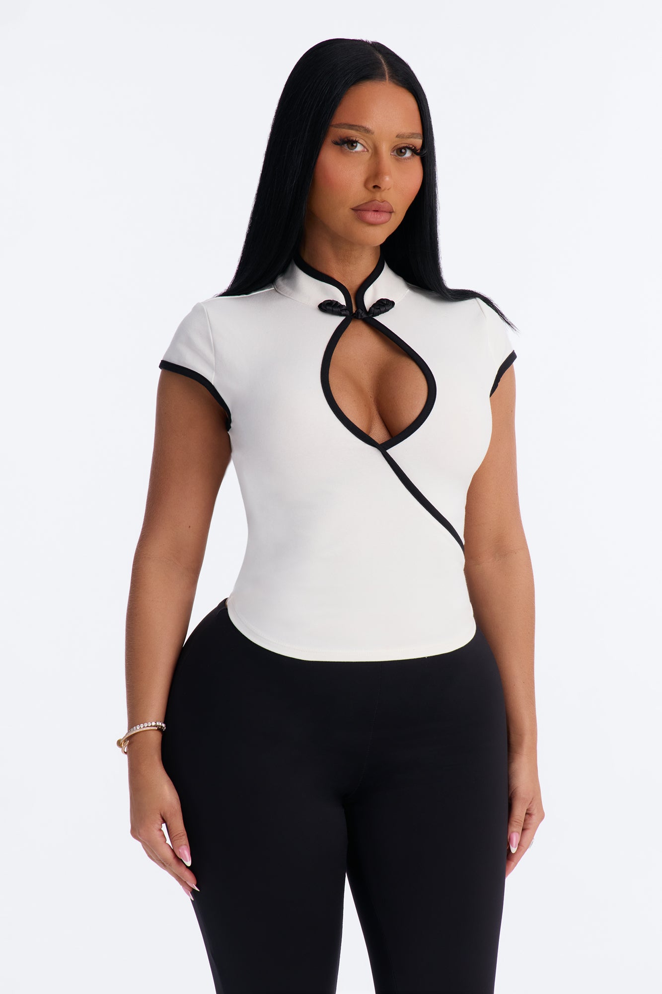 Aveline Contrast Trim Cap Sleeve Mock Neck Top - White/Black