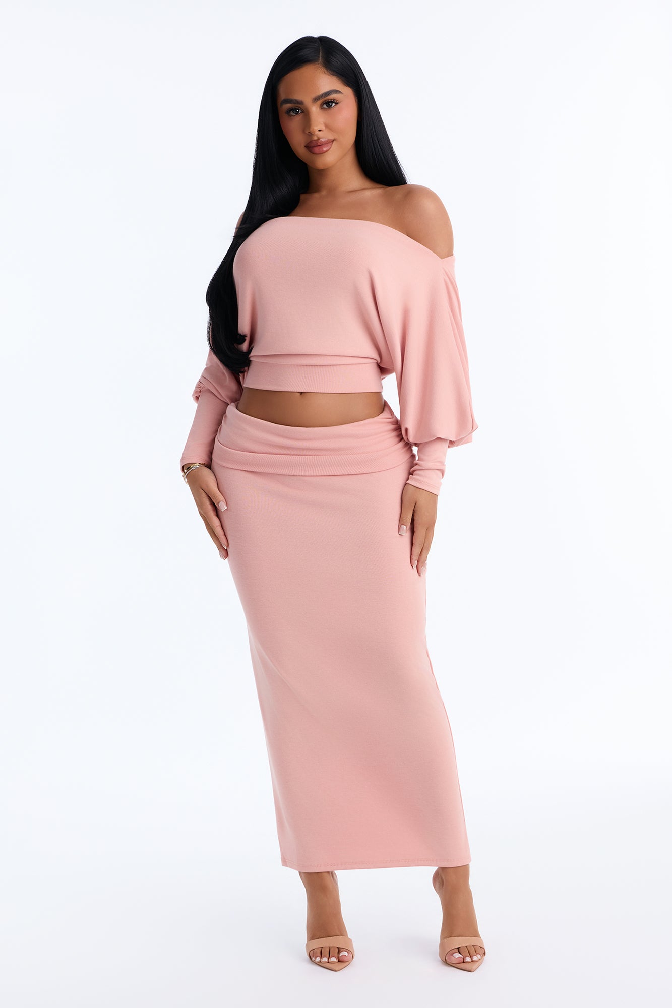 Makena Off Shoulder Midi Skirt Set - Pink