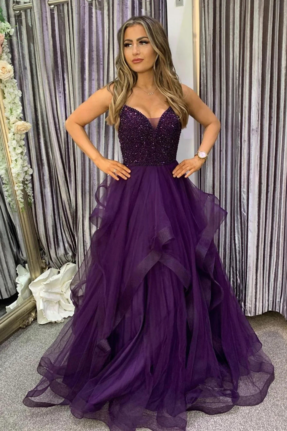 Long Dark Purple Prom Dress with Spaghetti Straps and Beading in A-Line Style