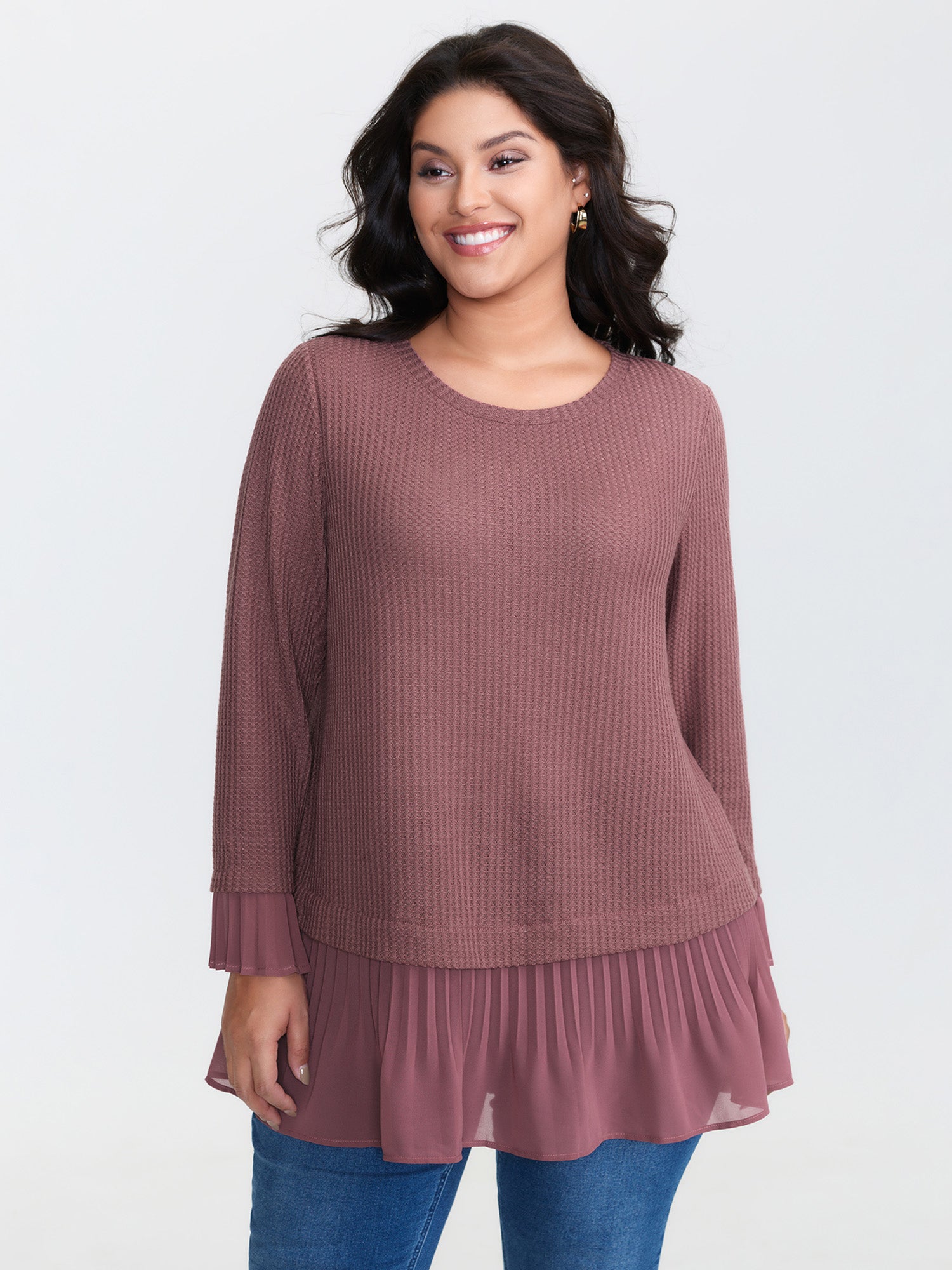 Waffle Chiffon Hem Crew Neck Top