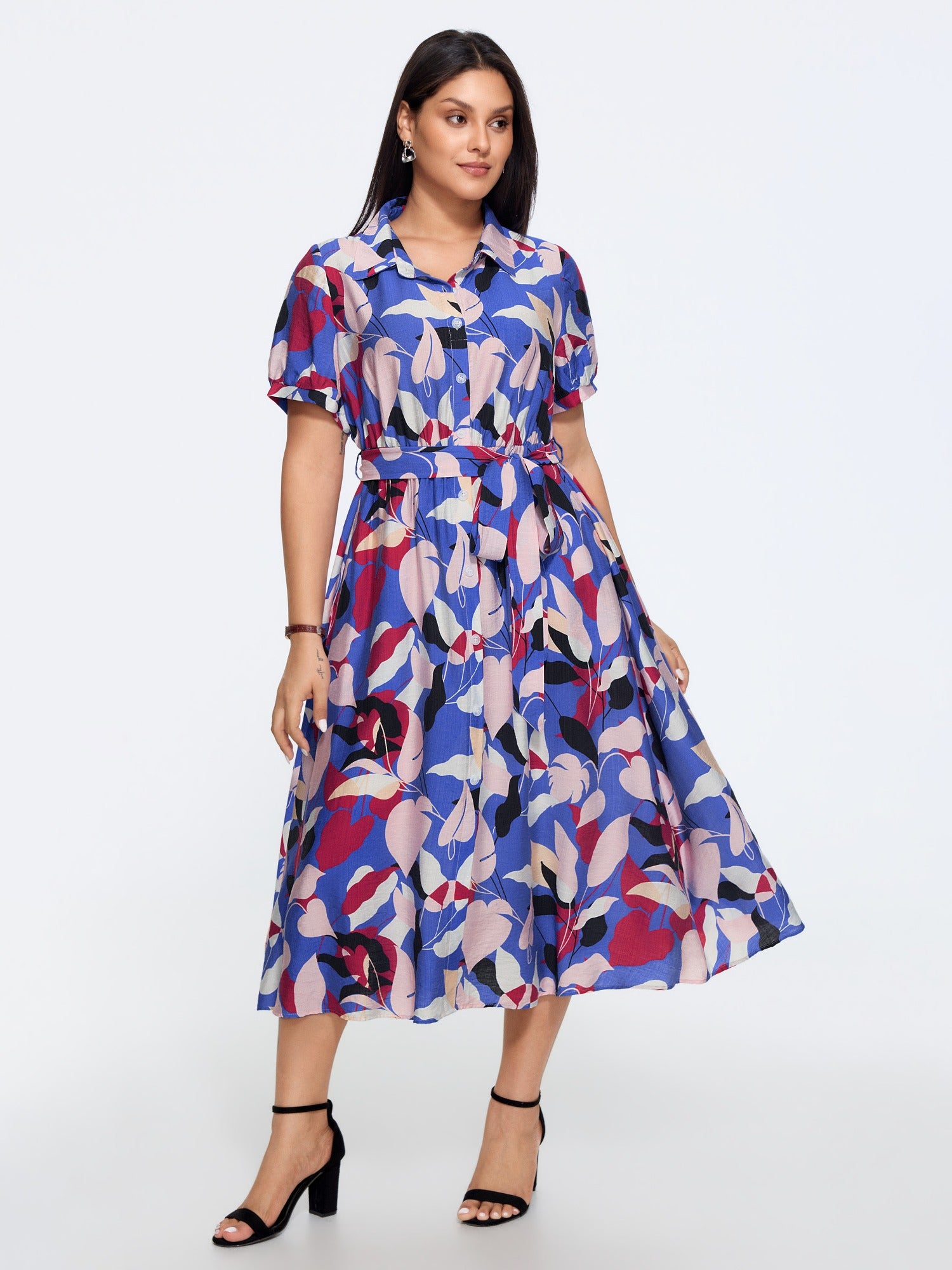 Supersoft Abstract Leaf Print Waist Tie Shirt Midi Dress