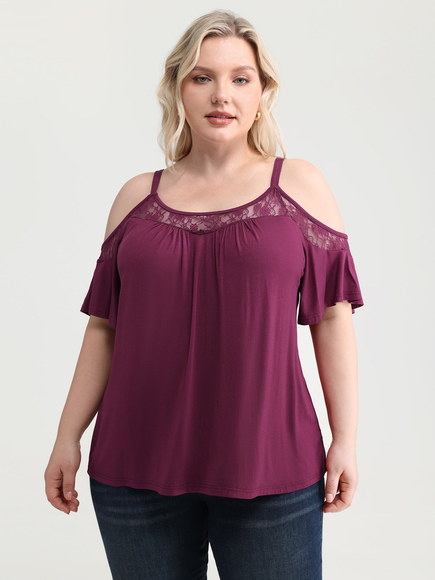 Cut-Out Shoulder Lace Trim Knit Top
