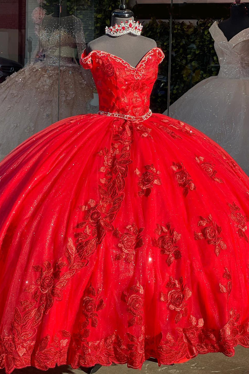 Beaded Off the Shoulder Quinceanera Gown in Sparkly Red Tulle