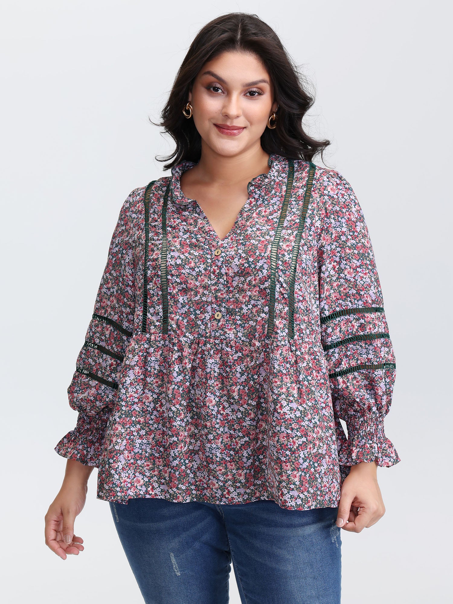 Floral Print Lace Trim Placket Blouse