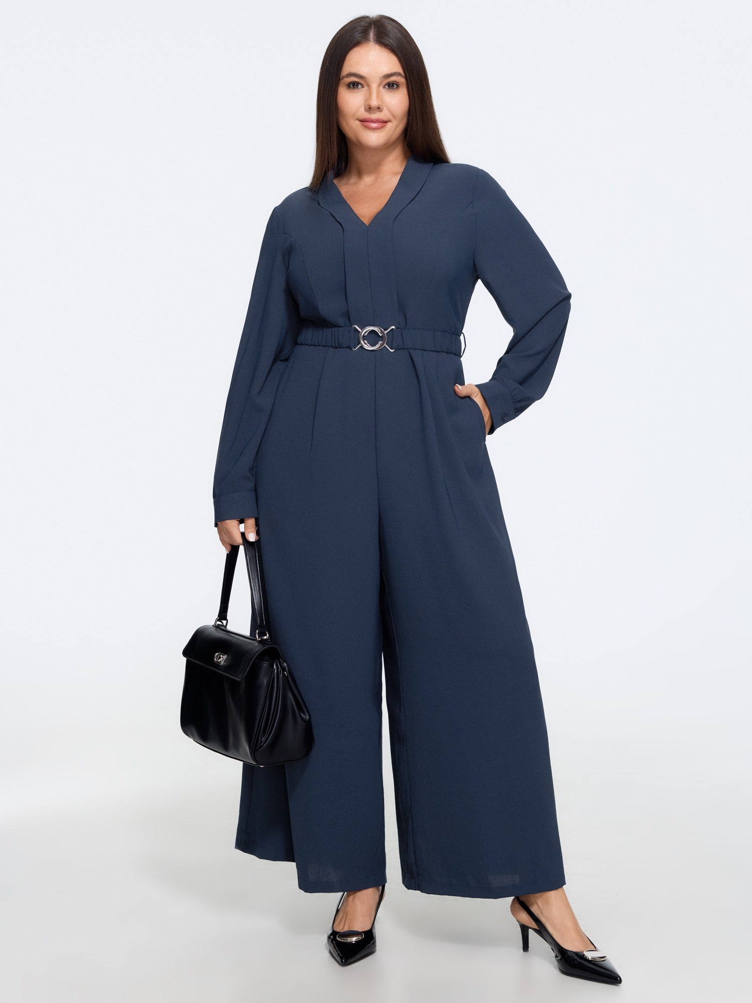 V Neck Long Sleeve Belted Wide Leg Jumpsuit