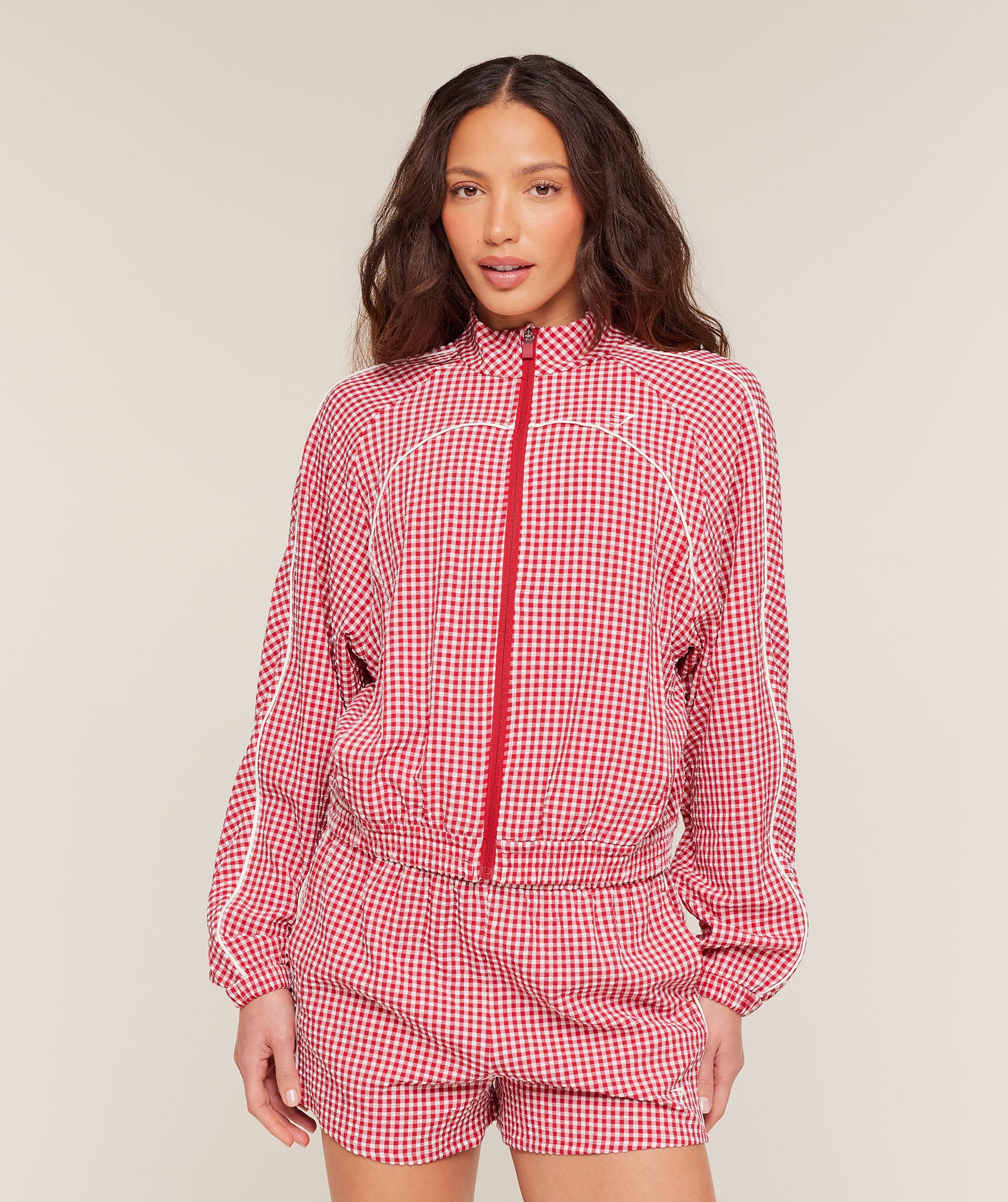 Gymshark Gingham Track Jacket - Carmine Red/Soft White