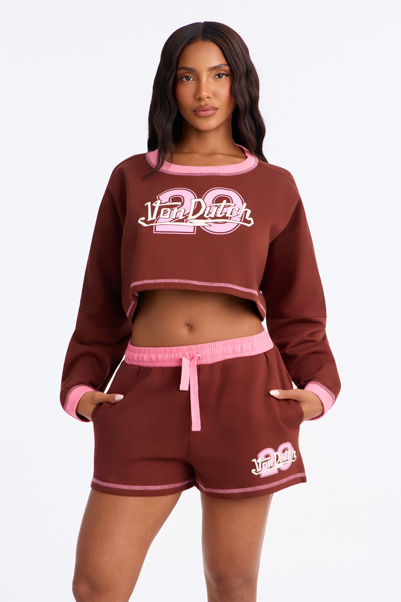 Von Dutch 29 Contrast Stitching PJ Short Set - Burgundy/combo