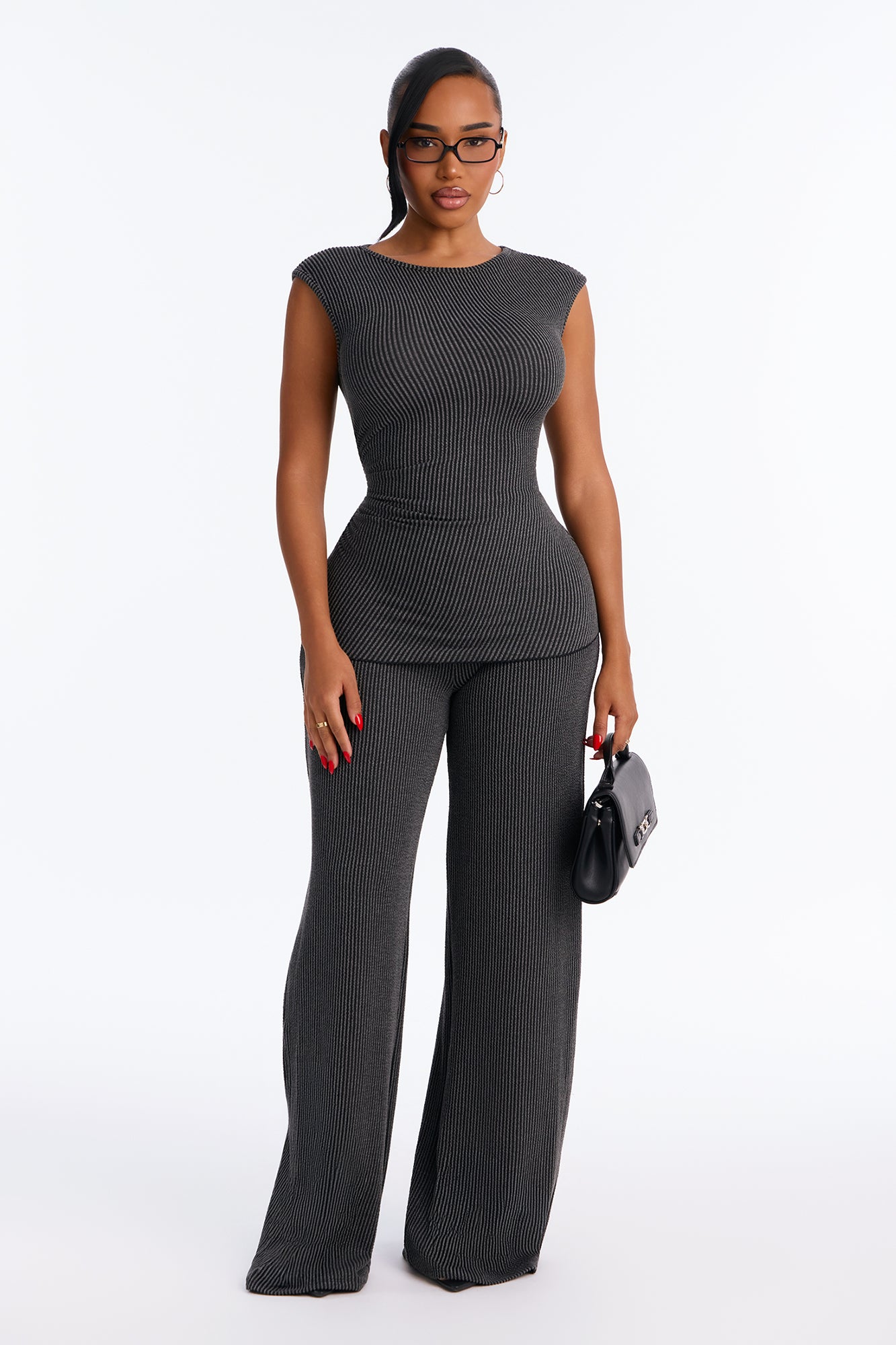 Amaya Ribbed Pant Set - Charcoal