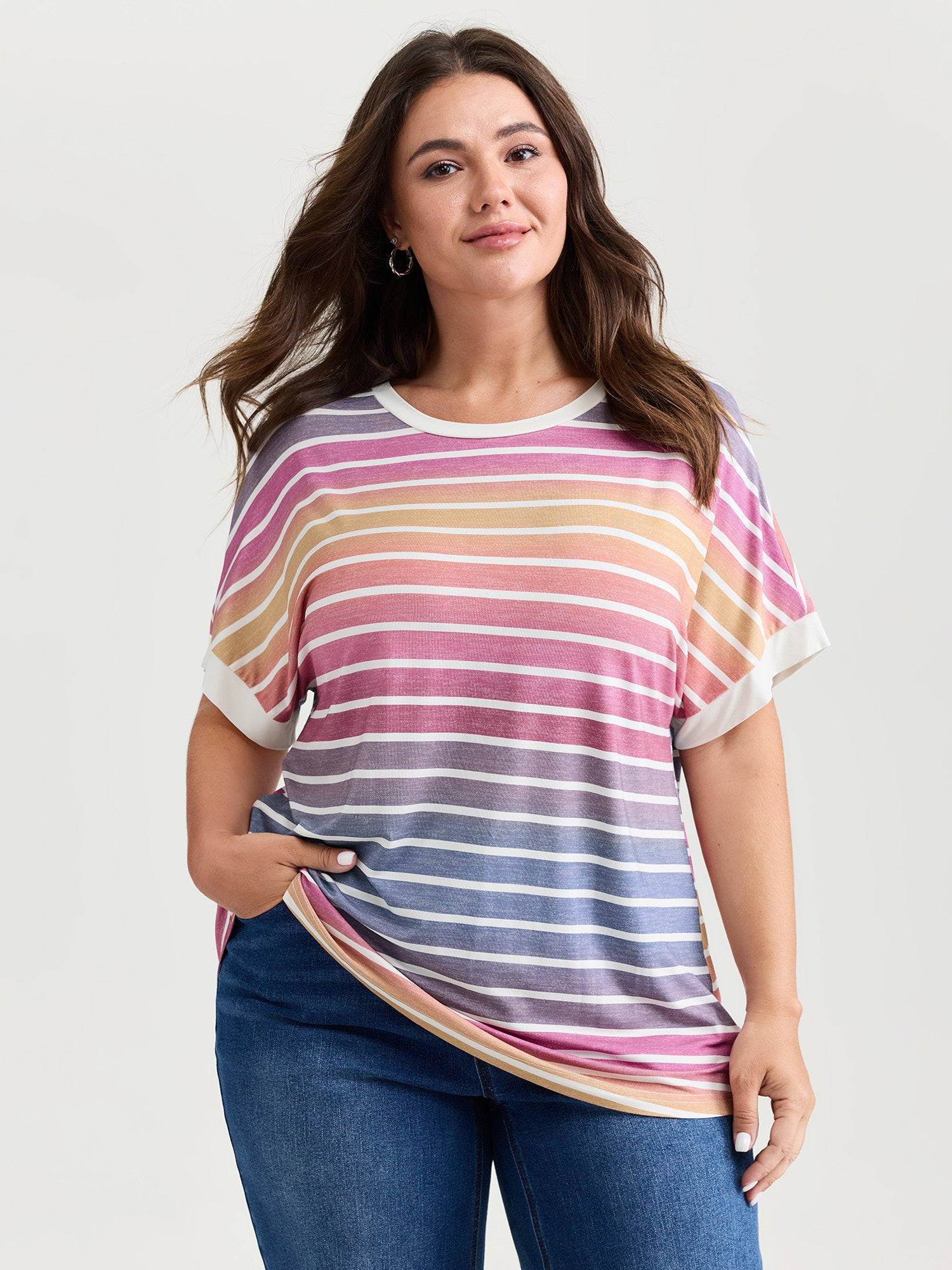 Colorful Gradient Stripe Round Neck T-Shirt