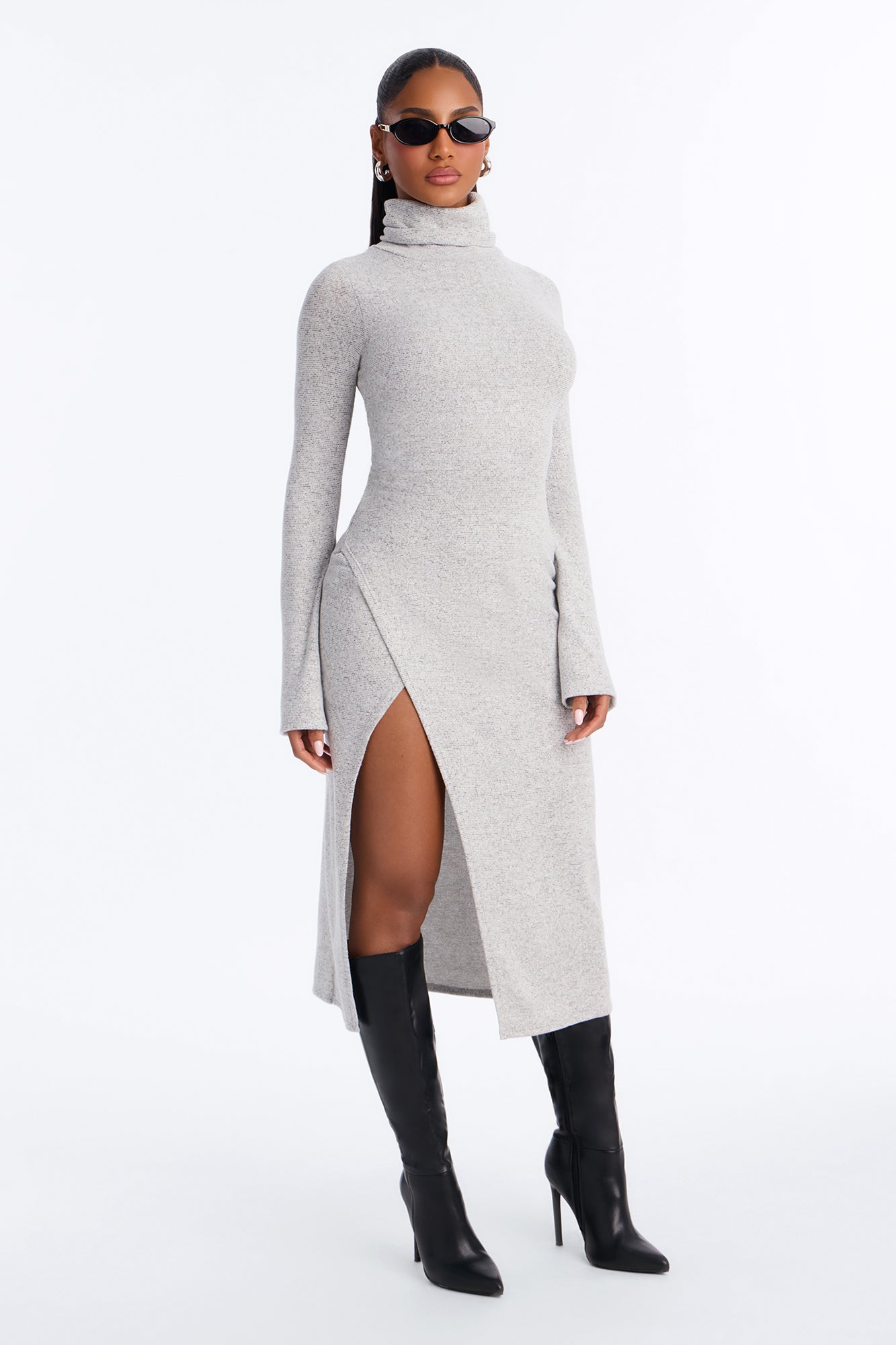 Melanie Long Sleeve Hacci Midi Dress - Heather Grey