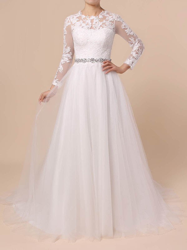 Deluxe Crew Long Sleeves Tulle Sweep Train Ball Gown Wedding Dresses with Sash