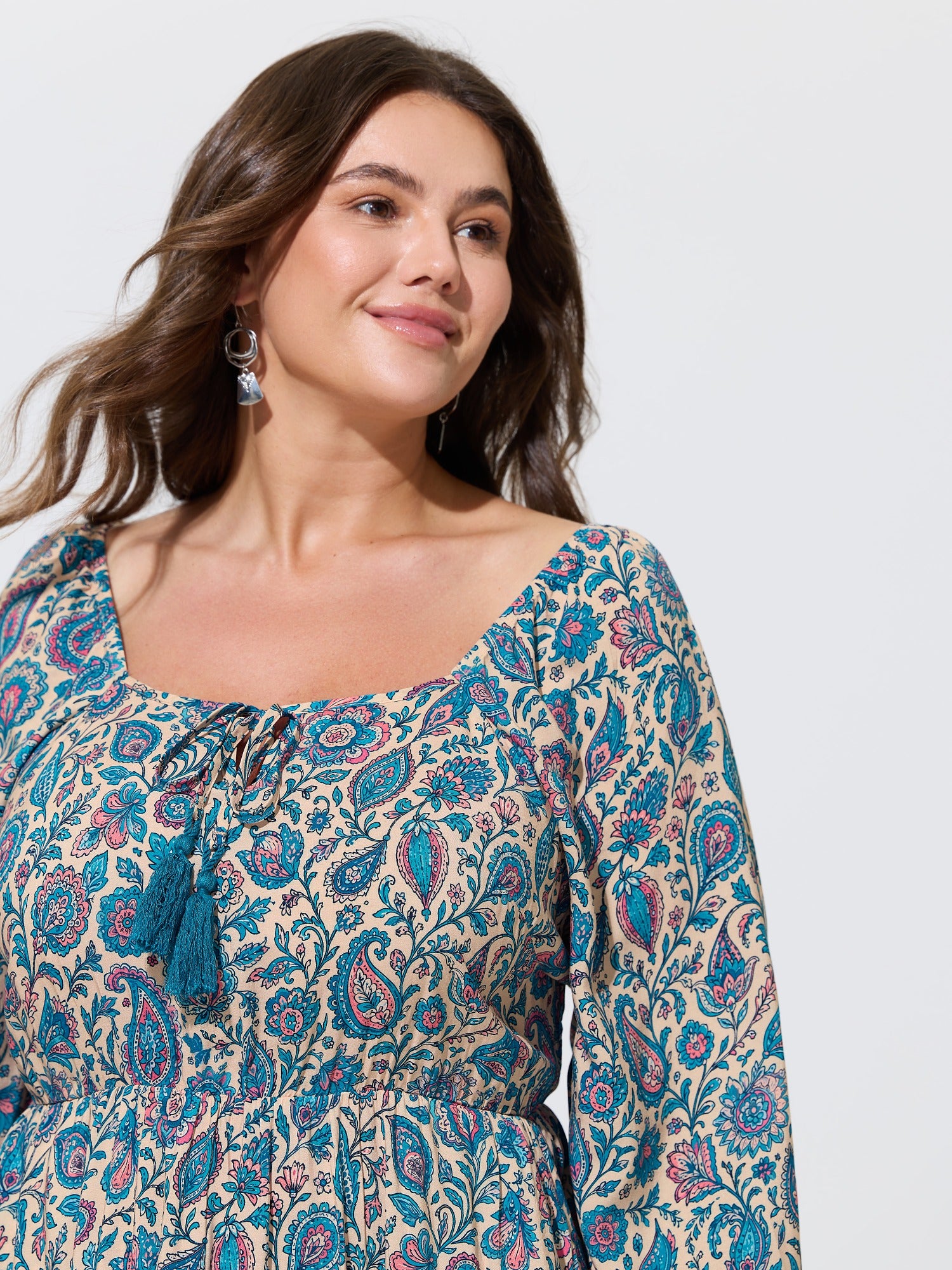 Boho Floral Print Tassel Drawstring Tiered Maxi Dress