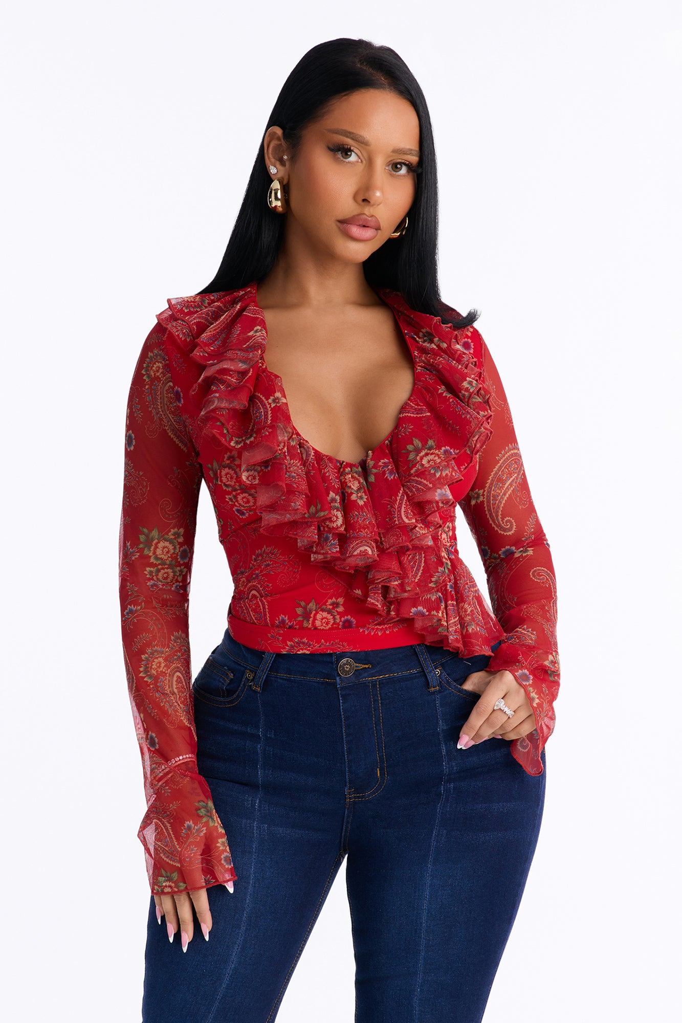 Demi Mesh Ruffle Long Sleeve Top - Red/combo
