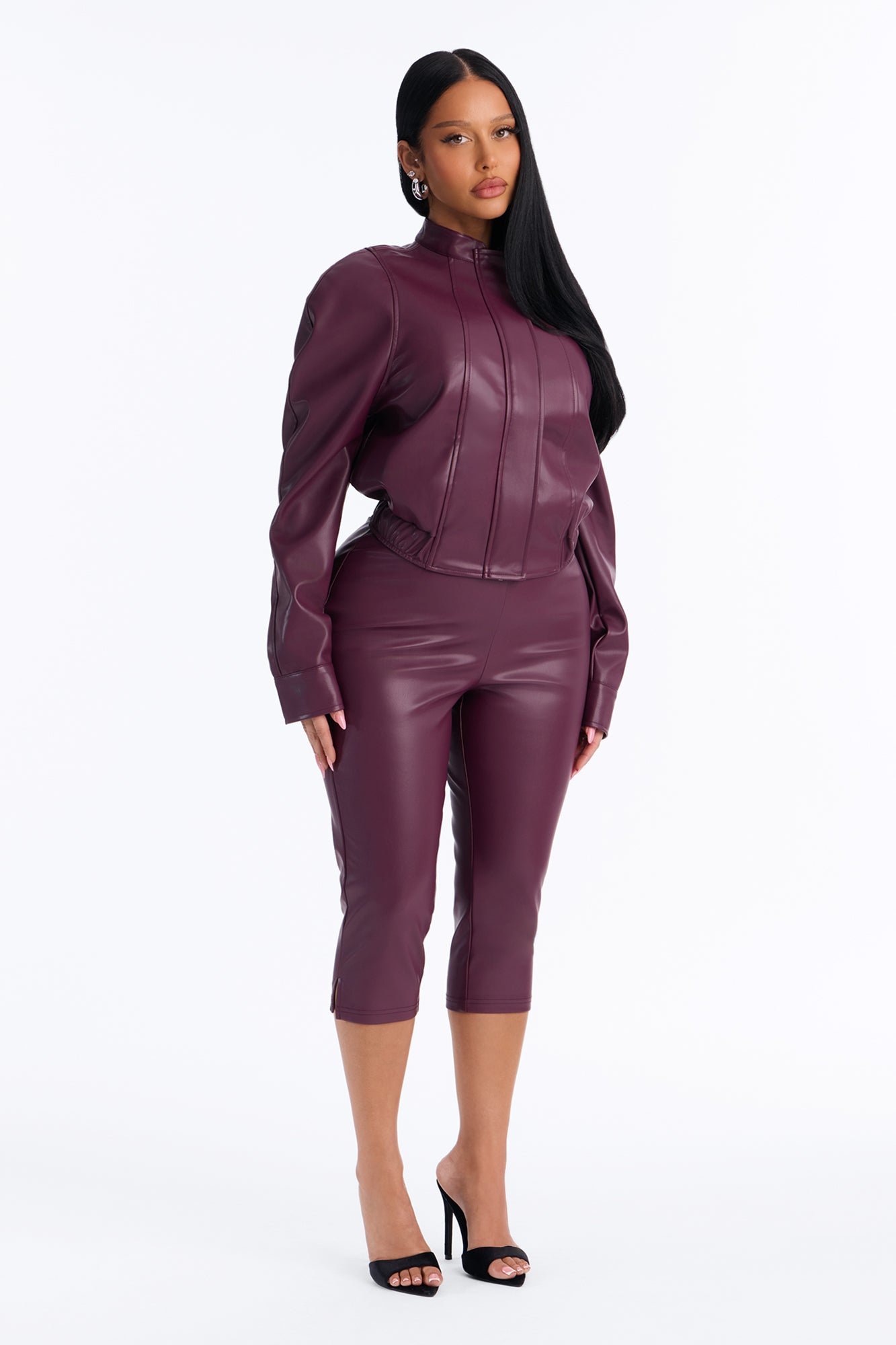Hazel Low Rise Faux Leather Capri Pant - Plum