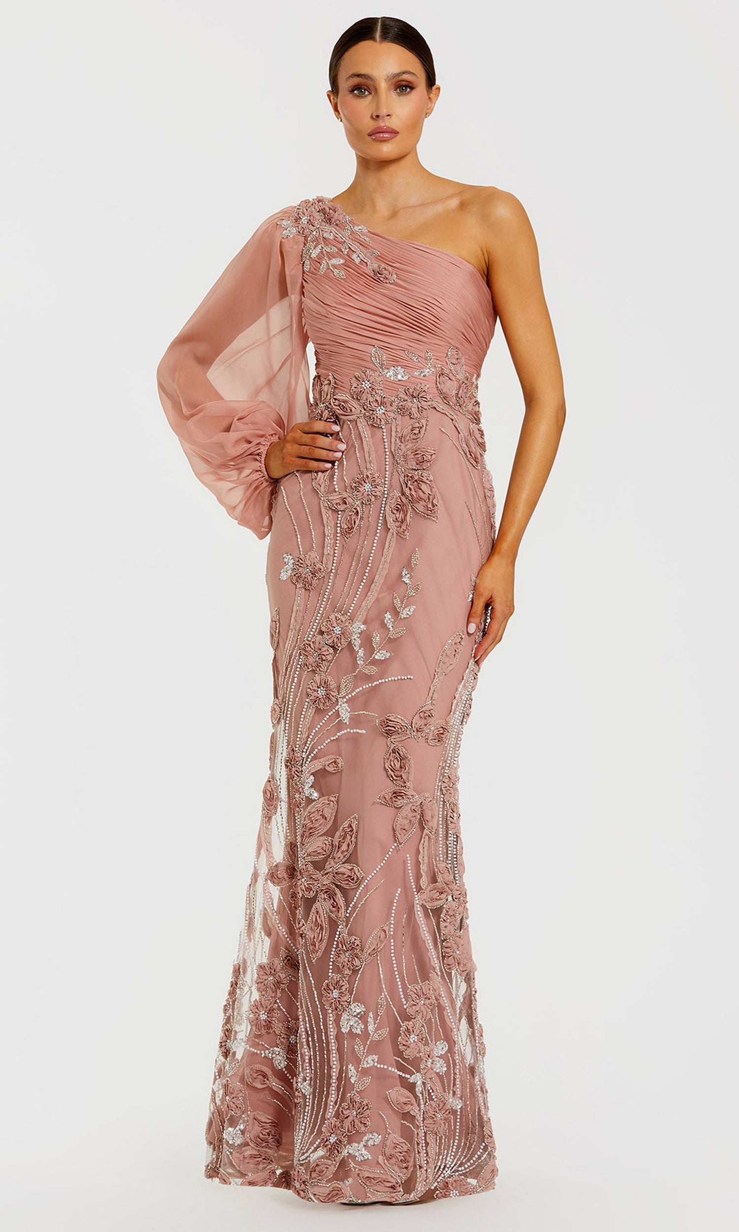 Mac Duggal 69019 - Single Bishop Sleeve Floral Evening Gown
