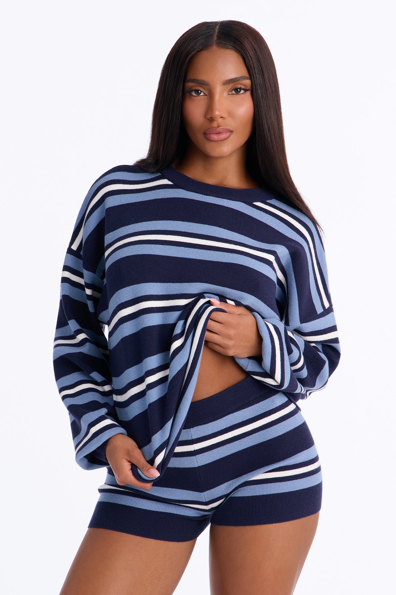 Klea Striped Sweater Short Set - Blue/combo