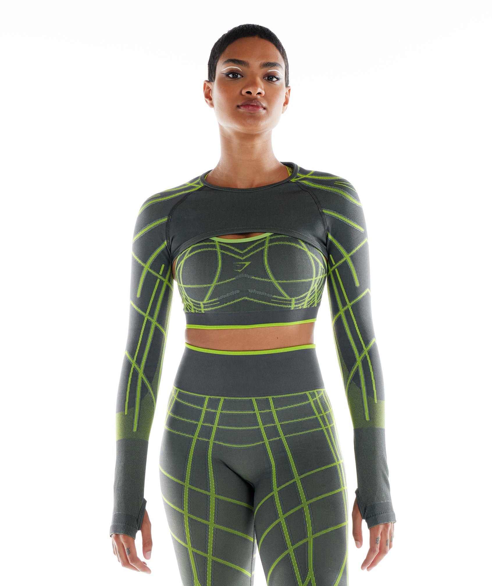 Gymshark Wtflex Linear Seamless Long Sleeve Shrug - Charcoal Grey/ Fluo Green/ Light Grey