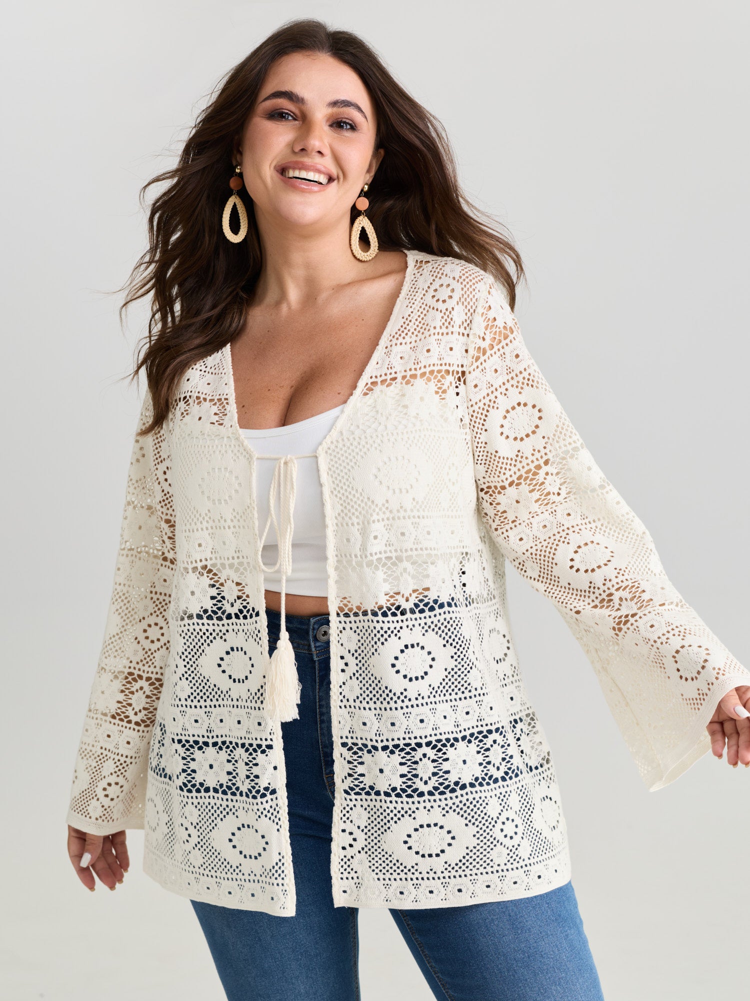 Lace Hollow Front-Tie Kimono