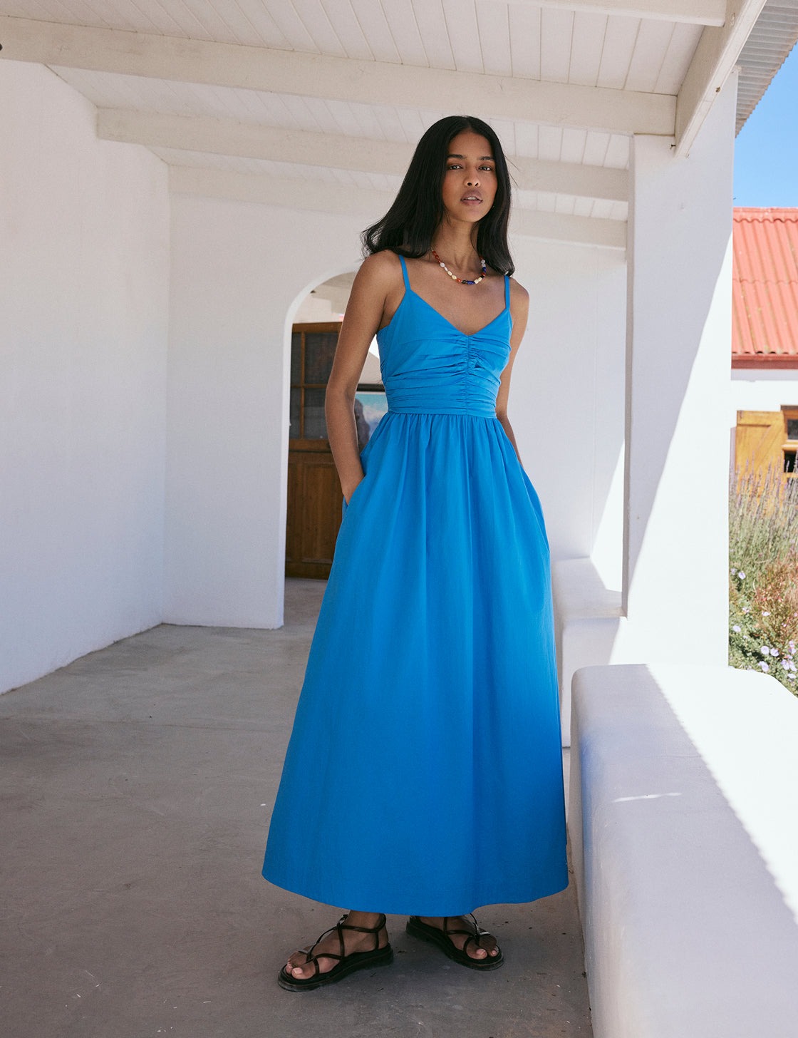 Blue Ruched Paige Maxi Dress