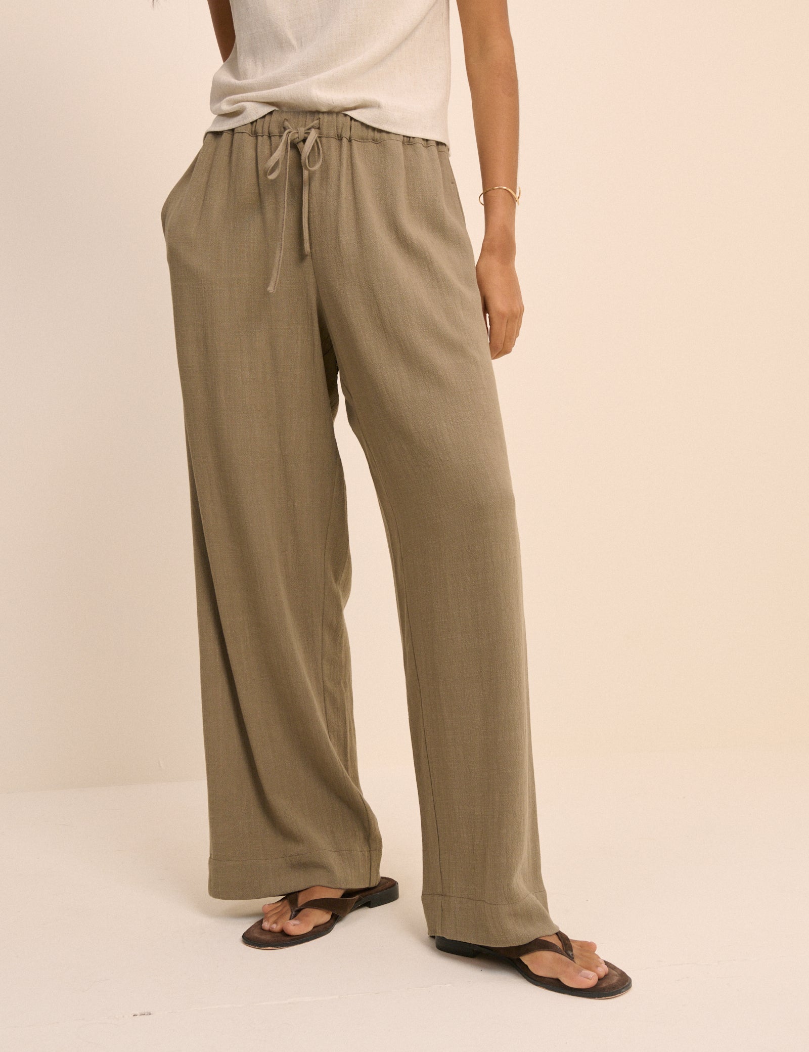 Khaki Linen-Blend Low Waisted Straight Leg Trousers