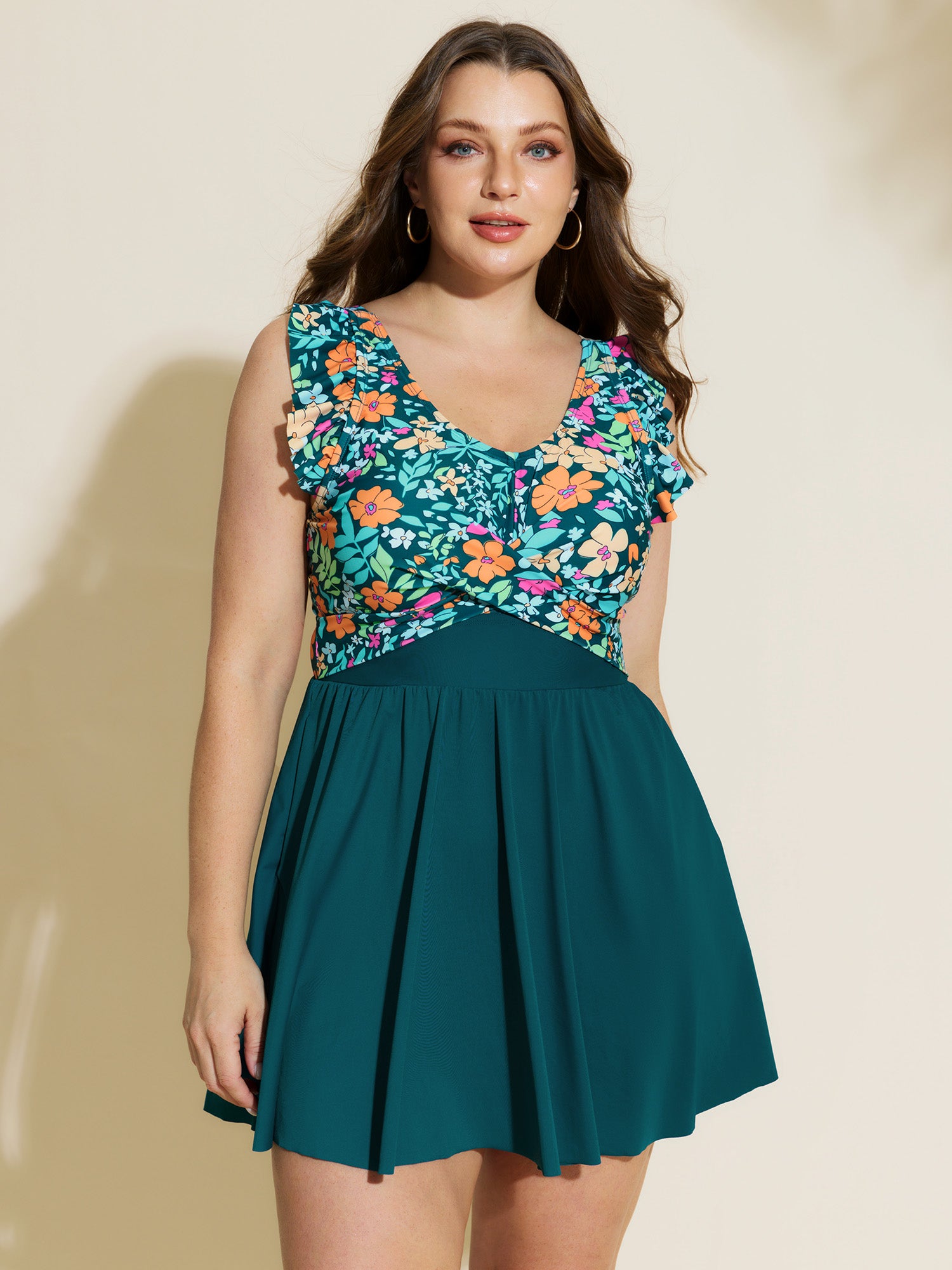 Floral Print Color Contrast Pockets Swim Dress