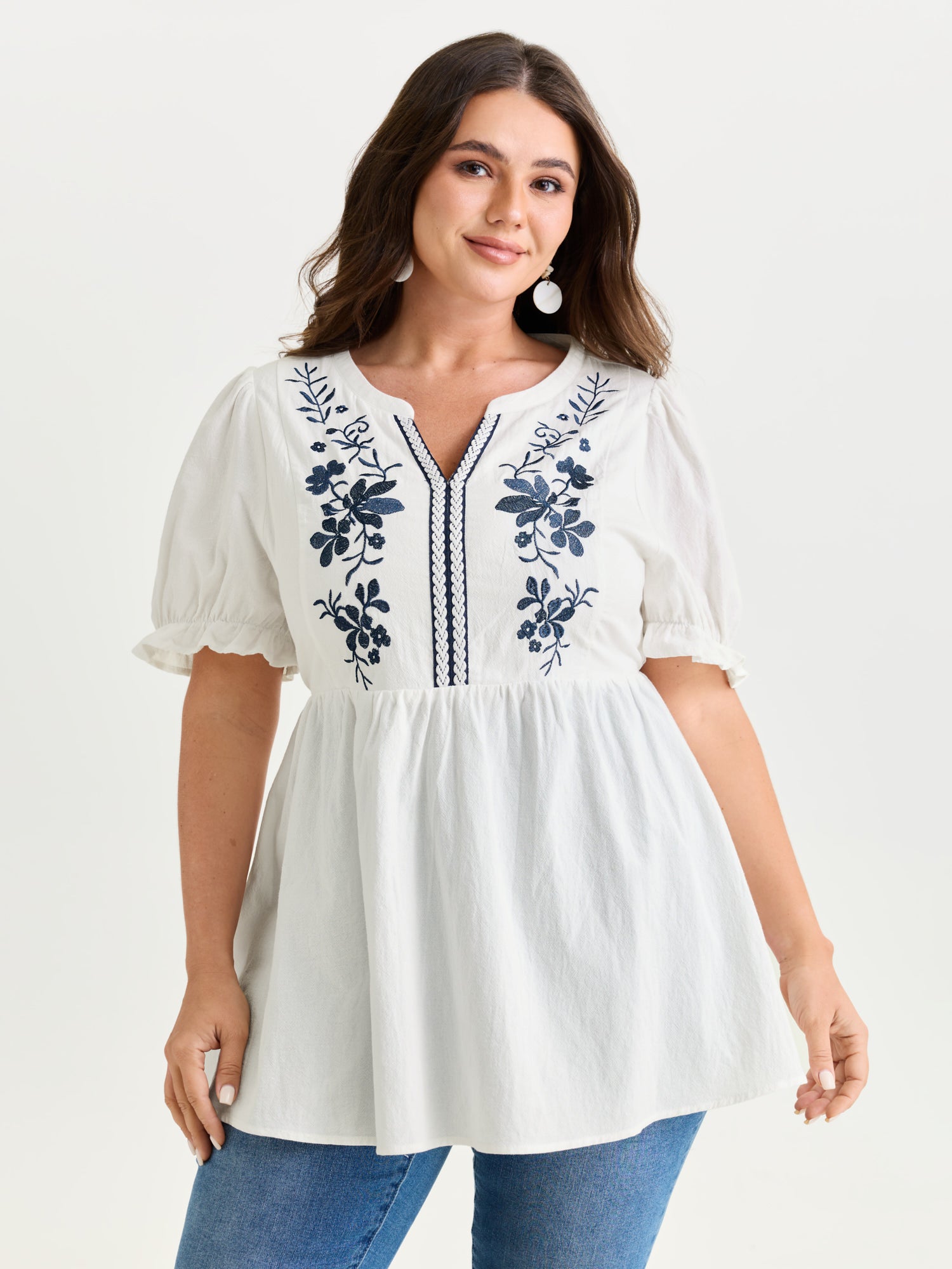 Cotton Floral Embroidered Notched Collar Blouse