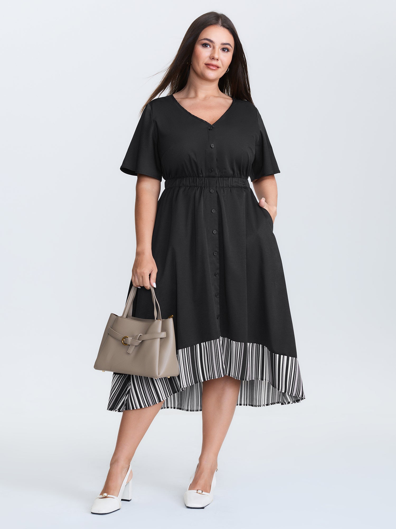 V Neck Button Front Striped Hem Midi Dress