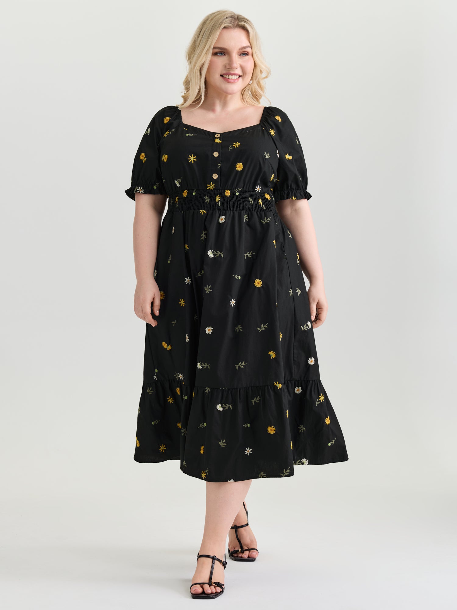 Cotton Floral Embroidered Pockets Shirred Waist Midi Dress