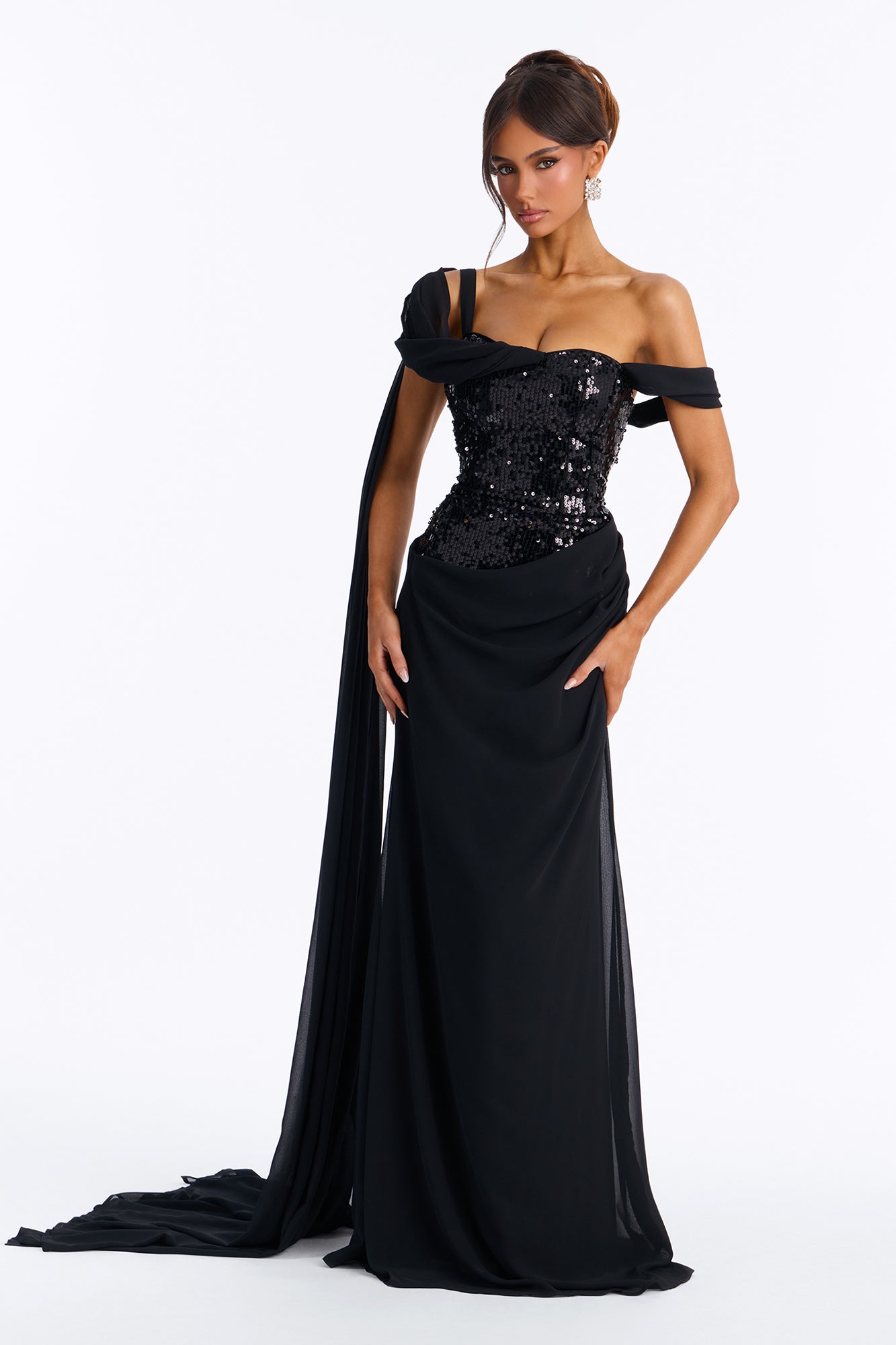 Shaylah Sequin Draped Gown - Black