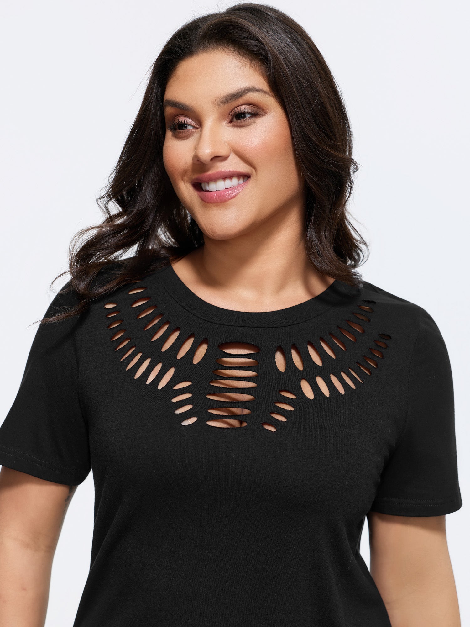 Cotton Stretchy Cut-Out Neckline Plain T-Shirt