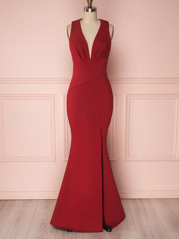 Fashionable Sheath Floor-Length Deep V-Neck Stretch Satin Bridesmaid Dresses with Split