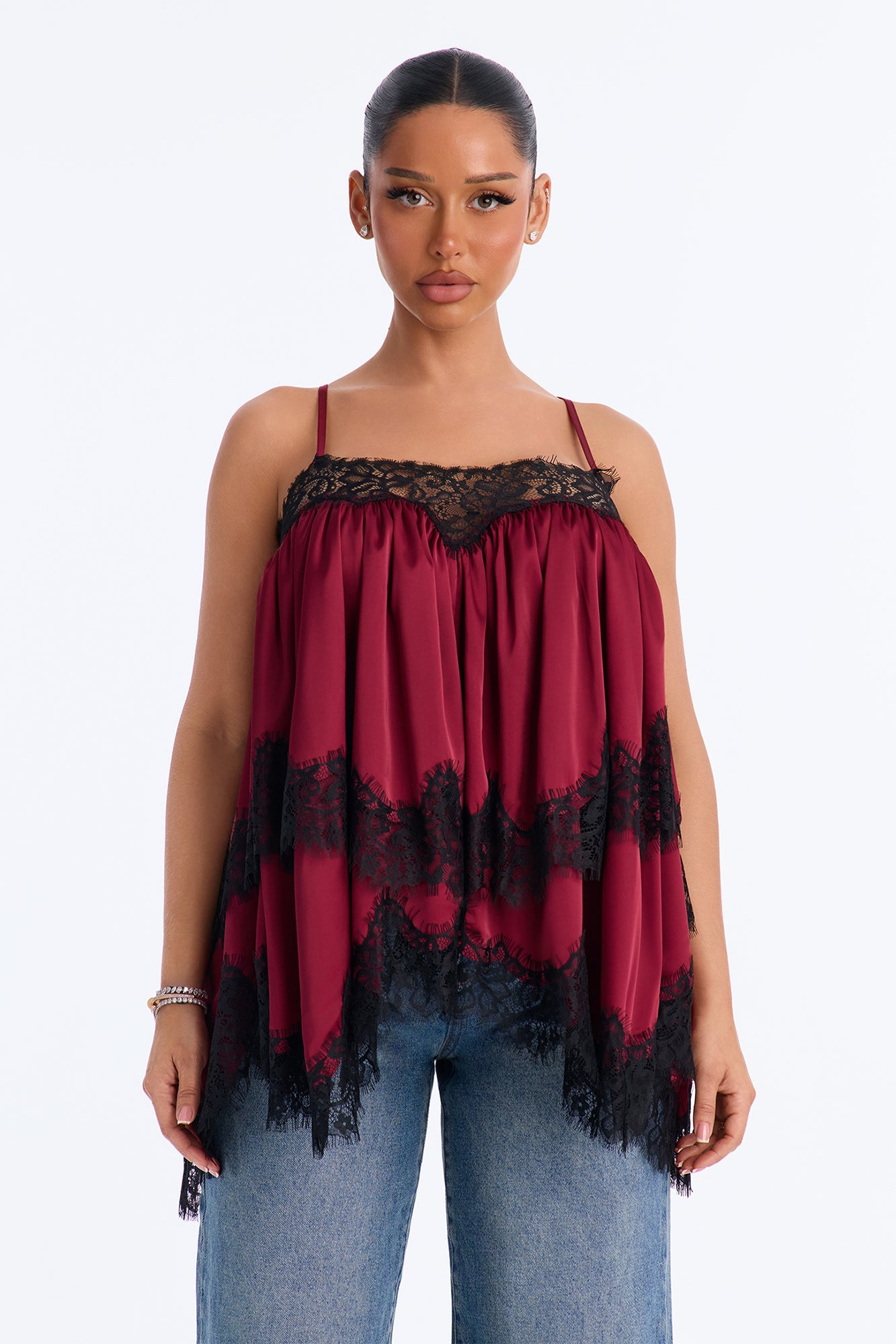 Tiana Lace Trim Satin Cami Top - Burgundy/combo