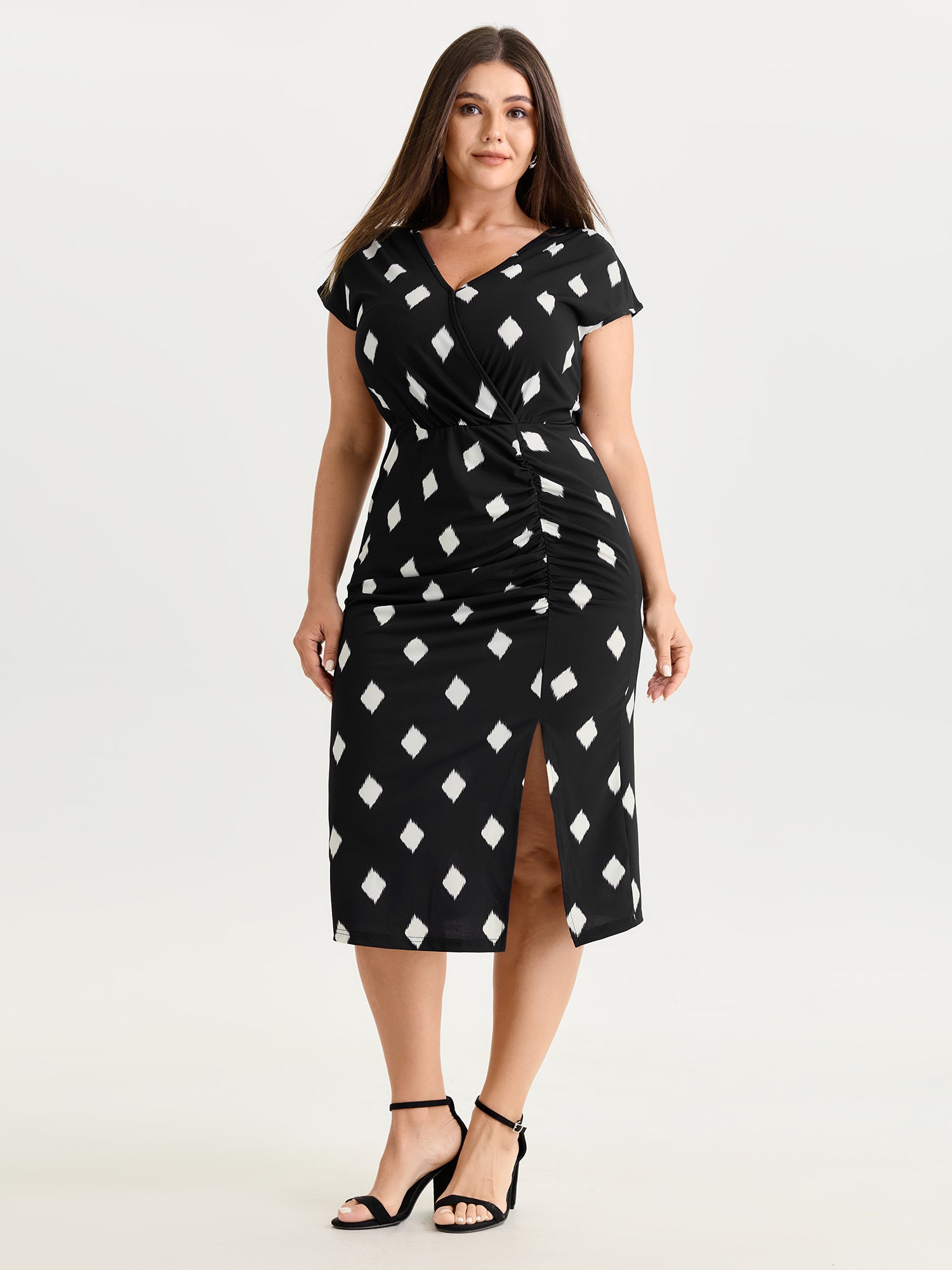 Stretchy Geometric Print Wrap Midi Dress