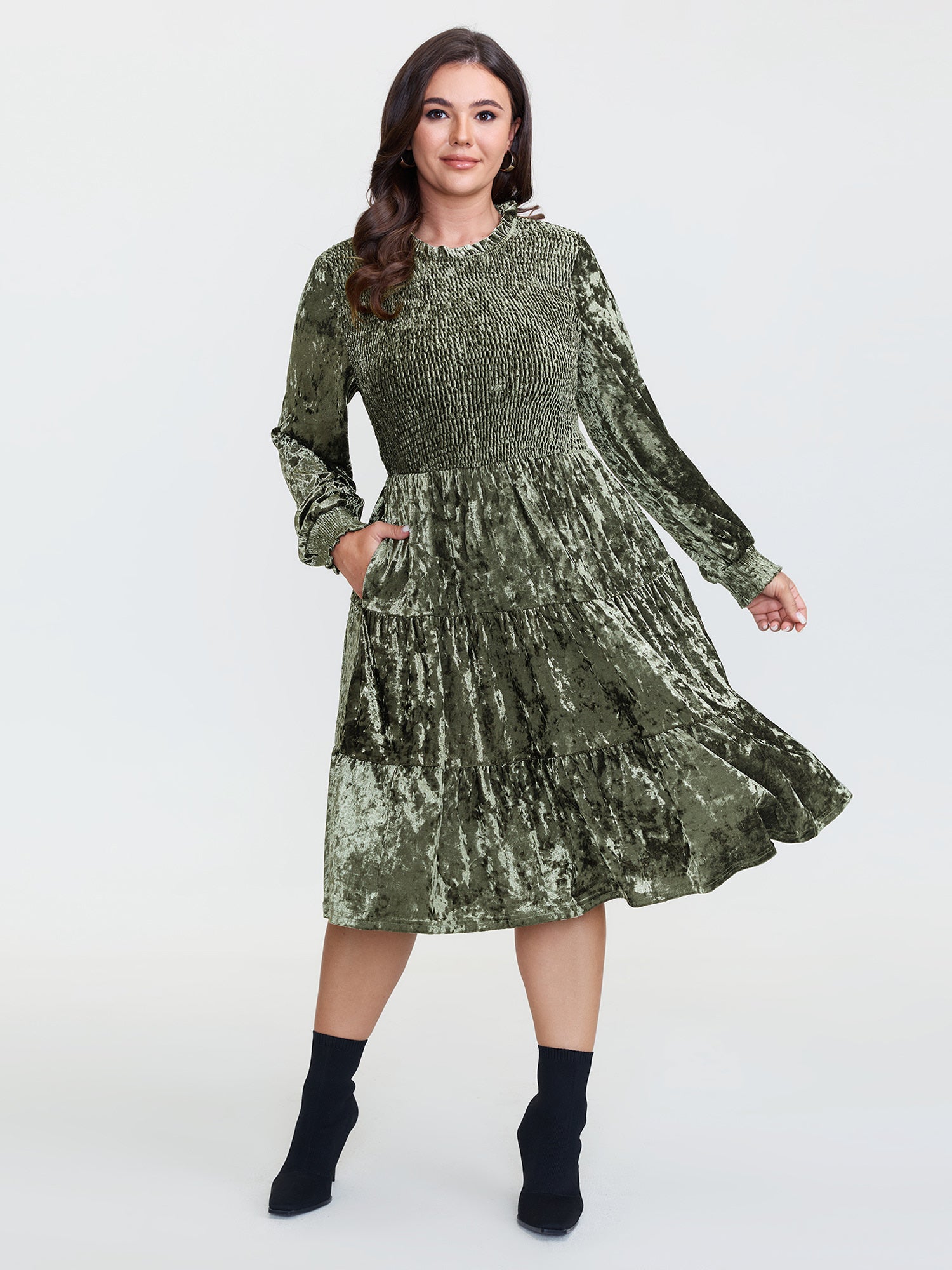 Shimmery Velvet Shirred Tiered Midi Dress